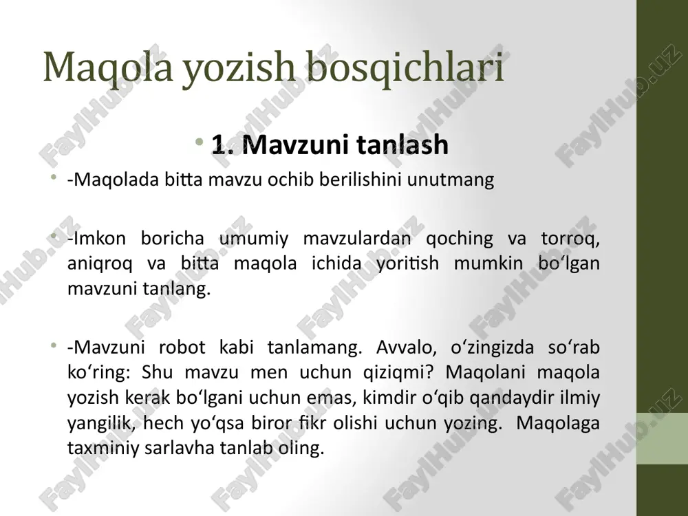 aqola tayyorlashda ulardan amanba sifatida foydalanmang. 2. mumtoz asarlar tahliliga oid maqola yozayotgan bo‘lsangiz, birlamchi manbalardan foydalaning, nasriy bayonlardan emas! 3. maqola yozayotganda siz ko‘rib chiqqan barcha manbadan foydalanmasliginigiz mumkin. ammo boshqa olim yoki tadqiqotchining fikridan foydalanayotganda, albatta, manbasini keltirib o‘ting. buning uchun o‘zingiz foydalanayotgan manba muallifi, nashr etilgan joyi yoki yili siz olgan fikr nechanchi sahifada aks ettirilgani kabi muhim ma’lumotlarni yozib qo‘ying. 4. fikrlaringizni tartibga soling. imkon boricha maqolani yozmasdan oldin reja tuzib oling. aks holda yozish jarayonida nimani nimadan keyin yozsam ekan chalkashib ketasiz va yozganlaringiz ma’lumotlar bo‘tqasi bo‘lib qoladi. 4 3. qoralama bosqichi 1. maqolani aniq bir konferensiya yoki jurnal uchun tayyorlayotgan bo‘lsangiz axborot xati yoki jurnalda maqolaga qo‘yilgan talablarni bilan tanishib chiqing (hajmi, format qanday bo‘lishi kerakligi havolalar tartibi) 2. maqolaning hajmi odatda 4000-6000 so‘zdan iborat bo‘ladi. (maqoladagi so‘zlar soni kamida 2000 ta bo‘lishi, ko‘pi bilan 10000 so‘zdan ortmasligi kerak) 3.maqola kirish, asosiy qism, xulosa …