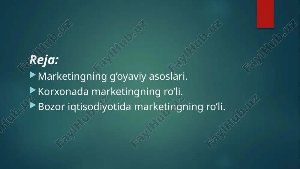 n xaridorlarning ehtiyojlarini qondirish bilan shug‘ullanuvchi liar qanday tashkilot uchun muhim bo‘lgan harakat falsafasi kelib chiqadi. bu marketing harakatlari sohasini uch asosiy bo‘lakka ho'lish mumkin: i) iste’mol marketingi, bunda ayirboshlash firmalar va pirovnrcl iste’molchilar, jismoniy shaxslar yoki oilalar o‘rtasida amalhii oshiriladi; firmalararo marketing, bunda ayirboshlash jarayonida ikkala tomon sifatida tashkilotlar ishtirok etadi; ijtimoiy marketing, u muzeylar, universitetlar va shu kabi daromadsiz tashkilotlarning faoliyat sohalarini o‘z ichiga oladi. marketing konsepsiyasi tashkilotning butun faoliyati foydalanuvchilarning ehtiyojlarini qondirishni asosiy maqsad qilib olishi lozimligini ko‘zda tutadi, chunki bn o‘z taraqqiyot maqsadlariga erishish va rentabellikni oshirishning eng yaxshi yo'lidir. bozor iqtisodiyoti sharoitida m arketingning roli 1. ishlab chiqaruvchi investitsiyalarni amalga oshirishdan avval xaridorlarning ehtiyojlari va istaklarini aniqlash maqsadida axborot to‘playdi. bozorni tadqiq qilish va strategik marketingning roli ham shundan iboratdir. 2. xuddi shu yoi bilan potensial xaridor yetkazib beruvchilar taklif qilayotgan imkoniyatlarni o‘rganib chiqish va sotishga oid takliflarni tahlil qilishga turtki boiadi. 3. ishlab chiqarish …