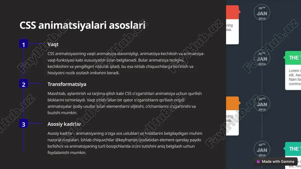 ilishi yoki ishga tushirilishi mumkin bo'lgan murakkabroq, sozlanishi mumkin bo'lgan animatsiyalarga imkon beradi. 3 sprite animatsiyalar sprite animatsiyalari harakat illyuziyasini yaratish uchun tasvirlar ketma-ketligini yoki "spritelarni" namoyish etadi. ushbu uslub ko'pincha yuklash ko'rsatkichlari yoki belgilar harakati kabi oddiy, takrorlanadigan animatsiyalar uchun ishlatiladi. 4 fizikaga asoslangan animatsiyalar massa, tezlik va ishqalanish kabi fizikaga asoslangan xususiyatlarni o‘zida jamlagan holda ishlab chiquvchilar sakrash, tebranish yoki yiqilish kabi tabiiy harakatlar va xatti-harakatlarga taqlid qiluvchi animatsiyalarni yaratishi mumkin. 3 asosiy kadrlar animatsiyalari 1 asosiy kadrlarni aniqlash @keyframes qoidasi ishlab chiquvchilarga bir qator uslublarni belgilashga imkon beradi va animatsiya paytida element o'tishi kerakligini ta'kidlaydi. har bir asosiy kadr muayyan vaqt nuqtasini ifodalaydi va shu nuqtada qo'llaniladigan uslublar keyingi asosiy kadrga muammosiz o'tadi. 2 vaqt va yengillik asosiy kadr animatsiyalari animatsiya-davomiylik va animatsiya-vaqt-funktsiyasi kabi xususiyatlardan foydalangan holda aniq vaqt bilan belgilanishi mumkin. bu murakkab, xoreografik ketma-ketliklarni yaratishga imkon beradi, har bir asosiy kadr ma'lum bir vaqtning o'zida …