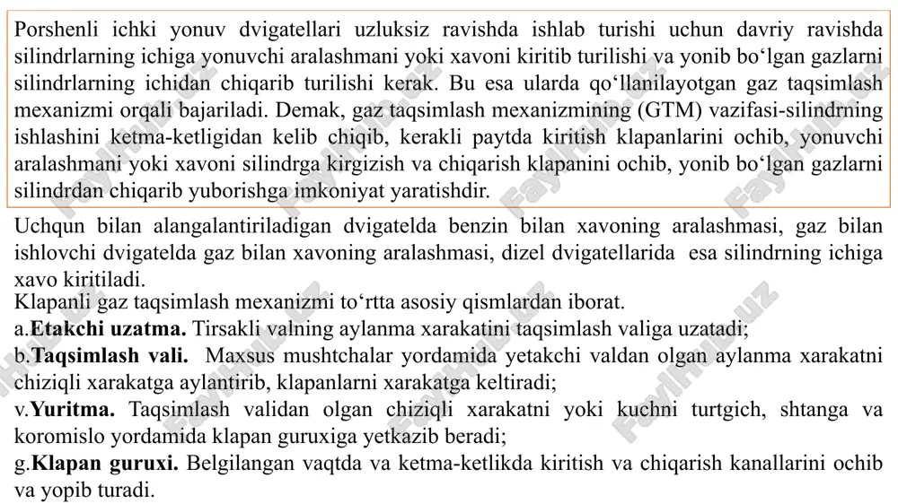apan egariga jips o‘rnashmaydi. tirqish dvigatelning sovuq xolatida kiritish klapani uchun 0,15...0,30 mm, chiqarish klapani ko‘proq qizigani uchun 0,2...0,4 mm atrofida belgilanadi. buning uchun gtm rostlovchi moslama kuzda tutilgan. ularni joylashgan joyi xar xil gtm da xar xil bo‘ladi. shuning uchun klapanli gaz taqsimlash mexanizmi quyidagicha xillanadi: 1.klapanlarni silindrga nisbatan joylashuvi bo‘yicha: a-silindrning yonida joylashgan gtm; b-silindrning yuqorisida yoki osma joylashgan gtm. 2.taqsimlash valining joylashuvi bo‘yicha: a-silindrlar blokida (pastda) joylashgan gtm; b-silindrlar kallagida (yuqorida) joylashgan gtm; ular ikki xil, ya’ni: a-kiritish va chiqarish klapanlari uchun bitta taqsimlash valiga ega bo‘lgan gtm; b-kiritish va chiqarish klapanlari uchun aloxida gaz taqsimlash valiga ega bo‘lgan gtm. 3.klapanlarning soni bo‘yicha: -bir klapanli gtm (chiqarish yoki kiritish); -ikki (bitta kiritish, bitta chiqarish) klapanli gtm; -uchta (ikkita kiritish bitta chiqarish yoki aksincha) klapanli gtm; -to‘rtta (ikkita kiritish, ikkita chiqarish) klapanli gtm. 1-klapan; 2-yo‘naltiruvchi vtulka; 3-prujina; 4-shayba; 5-turtkich; 6-turtkichning yo‘naltiruvchi vtulkasi; 7-taqsimlash vali; 8-rostlash vinti; 9-suxarlar; 10-silindrlar …