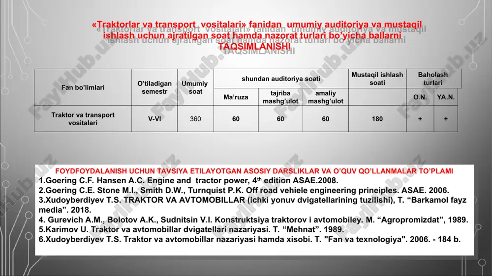 da olimlar va injener texnik xodimlar ishlari. fanning maqsadi, vazifasi va muhandis kadrlar tayyorlash tizimidagi oʻrni. traktor va transport vositalarning tasnifi va istiqbolli tipaji. traktor va avtomobillarning asosiy qismlari va ularni vazifasi. qishloq xo’jaligi ishlab chiqarishida asosiy energiya manbai bo’lib xizmat qiladigan traktorlar, boshqa turdagi energiya manbalariga nisbatan nisbiy tekis energiya bera oladigan, yuqori o’tag’onlikka ega bo’lishi, boshqariluvchanligi, harakat havfsizligi, yuqori manevrchan hamda qulay yurishga ega bo’lganligi uchun ular keng miqyosda ishlatiladi. traktor -qishloq xo’jalik, qurilish, yo’l qurish, yer qazish, transport va boshqa ishlarni bajarish uchun mo’ljallangan gildirakli yoki zanjirli mashina. qishloq xo’jaligida qo’llaniladigan traktorlar tasnifi vazifasiga yurish qismining tuzilishiga ostovi (ko’taruvchi sistema) ning turiga dvigatel turiga kuch uzatmalarini tuzilishiga tortish kuchiga vazifasiga qarab umumiy turdagi traktorlar – yoppasiga ishlov berish, shudgorlash, boronalash, hosilni yig’ib-terib olishda ishlatiladi. bu turdagi traktorlarga t-150, t-130, t-100m, dt-75m, t-74, t-4a va t-150k, k-701 traktorlar misol bo’la oladi. universal-chopiq traktorlar -qator oraligiga ishlov berish, hosilni …