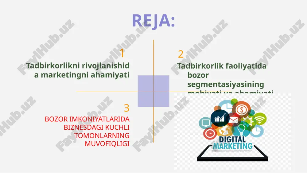 ogo segmentasiya bozorni segmentlash 01 chuqur segmentlash segmentlash xarakteriga ko’ra makrosegmentlash istemolchilar turiga ko’ra mikrisegmentlash ichkarida 02 yakuniy segmentlash istemol tavarlari istemolchilarini segmentlash ishlab chiqarish, texni tavarlar bo’yicha is’temolchilarni segmentlash ikki turdagi tovar istemolchilarni segmentlash 05 bozor segmentasiyasining tamoyillari quyidagilardir: • geografik tamoyil; • psixografik tamoyil; • demografik tamoyil; • xulq-atvor tamoyili; • holat tamoyili —someone famous bozor imkoniyatlarida biznesdagi kuchli tomonlarning muvofiqligi biznesning har qanday o‘sishining turli xil ko‘rinishlari va ehtiyojlarining xizmat ro‘yxati vaqti-vaqti bilan o‘z- o‘ziga tanqidiy baho berishlari kerak – nima maqsadida amal qilayotganidan egallab turgan holatini auditdan o‘tkazish ya’ni, ularning: resources kichik biznes va tadbirkorlik ≪noshir≫ toshkent — 2011 wikipediya did you like the resources on this template? get them for free at our other websites. aquí tienes que añadir el nombre de todos los recursos que has utilizado en esta presentación, además de sus respectivos enlaces. strenghts (kuchli tomonlari); weakness (kuchsiz tomonlari); opportunities (imkoniyatlari); o …