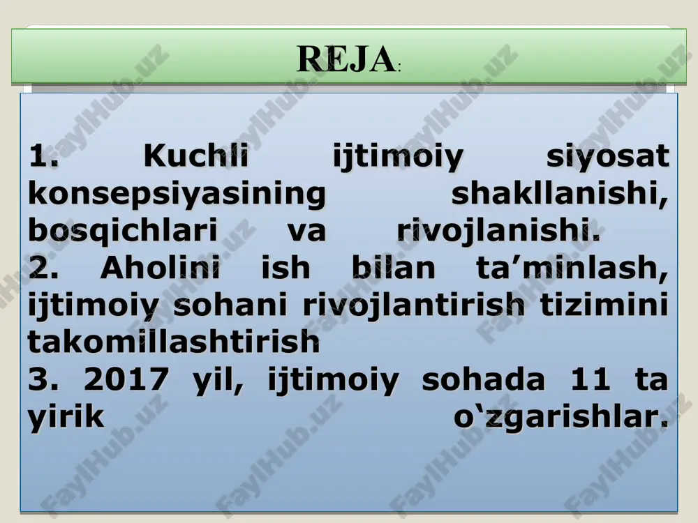 i (1994) 23 avgust. unga ko‘ra, voyaga yetmagan bolali ko‘p bolali oilalar, kam pensiya oluvchi oilalar, nogironlar, ishsizlar va bedarak yo‘qolganlar, yolg‘iz pensionerlar hamda muhtoj va kam ta’minlanganlarga moddiy yordam ko‘rsatilmoqda. o‘zbekiston respublikasi prezidentining 2002-yil 16-maydagi farmoni bilan kam ta’minlangan, 16 yoshgacha bo‘lgan bolalari bor oilalarga moddiy yordam berish to‘g‘risida qaror qabul qilindi. 2018-yil 25-yanvardagi qarorga muvofiq, ijtimoiy yordam oluvchi bolali oilalar tarkibiga umumiy ta’lim maktablari, akademik litsey va kasb-hunar kollejlarida tahsil olayotgan 18 yoshgacha bo‘lgan bolasi bor oilalar ham kiritildi. aholining kam ta'minlangan guruhlariga ijtimoiy yordam ko'rsatish mexanizmi bundan tashqari, o‘zbekistonda ijtimoiy yordamning norasmiy turlari mavjud; qarindoshlarning o‘zaro yordami, milliy va diniy an’analar asosida ko‘rsatiladigan yordam, korxona va tashkilotlarga, pensionerlarga, kam ta’minlangan ko‘p bolali oilalarga, beva ayollarga yordam ko‘rsatish shular jumlasidandir. islohotlar islohot uchun emas, balki inson manfaatlari uchun respublikada ayollar, bolalar, keksalarga alohida e’tibor qaratilmoqda. 1998-yilda “mustahkam oila yili”, 1999-yil “ayollar yili”, 2000-yil “sog‘lom avlod yili”, 2001-yil “bolalar …