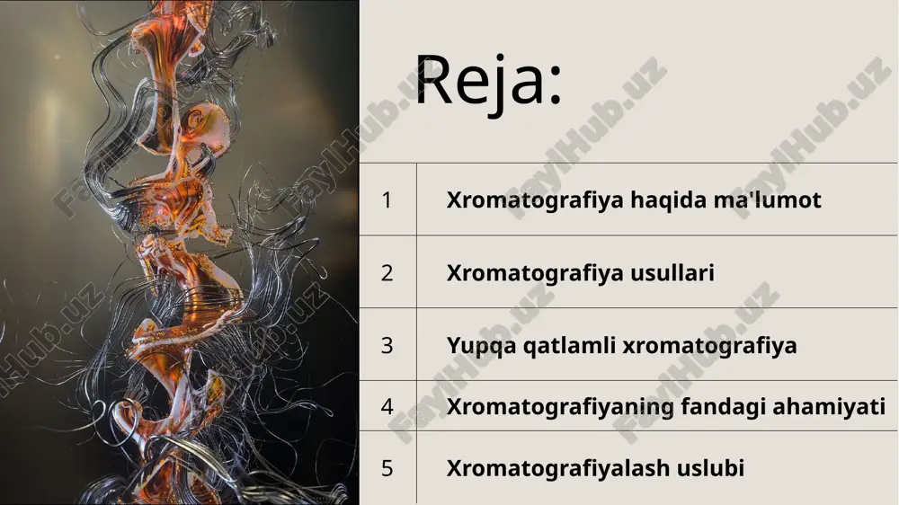 rish xromatografiyasi esa ajratiluvchi komponentlarning qattiq qoʻzgʻalmas faza ustida turlicha choʻkmaga choʻkishiga asoslangan. 5 xromatografiyaning fandagi ahamiyati 4 xromatografiyaning fandagi ahamiyati 20gg xromatografiya usulining kashf etilishi tufayli organik kimyo, ayniqsa, tabiiy birikmalar kimyosi jadal rivojlandi. xromatografiya koʻp komponentli sistemalarni sifat va miqdoriy analiz qilish, sof holda ajratib olishsa (jumladan, sanoat miqyosida) katta axamiyat kasb etadi. x. yordamida nodir metallar analiz qilinadi. sunʼiy tayyorlangan transuran elementlarining ochilishida ham xromatografiya muhim rol oʻynadi. xromatografiya yordamida 99element — eynshteyniy (es), 100element — fermiy (fm) va 101element — mendeleyeviy (md) ajratildi. xromatografiya havo, suv, tuproq, monomerlar tarkibidagi aralashmalarni aniklashda, organik va neft kimyosi sintezi mahsulotlari analizida, doridarmonlar tozaligini aniklashda, kriminalistikada katta axamiyatga ega. kosmik kemalar gazi, mars atmosferasi gazi, oy tuprogʻidagi moddalarni analiz qilishda ham xromotografiya usullari joriy etilgan. 6 xromatografiyaning fandagi ahamiyati 5 xromatografiyaning fandagi ahamiyati 20gg xromatografiya yuqori molekulali birikmalar, ayniqsa, inson, hayvon, oʻsimlik, mikroblar dunyosiga tegishli biologik obʼyektlarning analizi uchun nihoyatda …