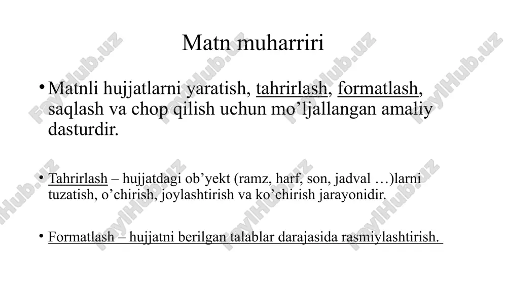 predloeenniy microsoft i drugimi muallifami. doc, docx – yavlyaetsya ispolnyaemim faylom, sodereit ne tolko tekstovuyu informasiyu, no i informasiyu o formatax, stilyax dokumenta i yego elementov, zapisannuyu na osobom vnutrennem yazike programmirovaniya 6 nashriyot tizimlari tasnifi nashriyot tizimlari murakkab maket asosida sifatli sahifani yaratishga va poligrafiya jarayonida qo’llab, nashrga chiqarishga mo’ljallangan. corelventura quarkxpress pagemaker adobe indesign scribus k4 publishing system. muallif softcare software (germaniya); woodwing smart connection. muallif woodwing software (nidarland); quark publishing system. muallif quark, inc. (aqsh); scoop editorial system. muallif scoop publishware (shved). tahririyat –nashriyot tizimlari 7 hujjat nima? hujjat – keng maʼnoda - maʼlumotlar qayd etilgan moddiy buyumlar (qogʻoz, kinoplyonka, fotoplyonka, magnitofon lentasi, perfokarta va boshqalar). hujjat matn, tasvir, tovush va boshqalardan ibo-rat boʻlishi mumkin. mazmuniga koʻra, hujjat ilmiy-texnika hujjatlari (maqolalar, kitoblar, patentlar, chizmalar, jadvallar va h.k.), huquqiy hujjatlar (qarorlar, farmonlar, shartnomalar va h.k.), boshqaruv hujjatlari (buyruqlar, koʻrsatmalar, qarorlar va h.k.)ga boʻlinadi. shakllanish manbaiga koʻra, birlamchi va …