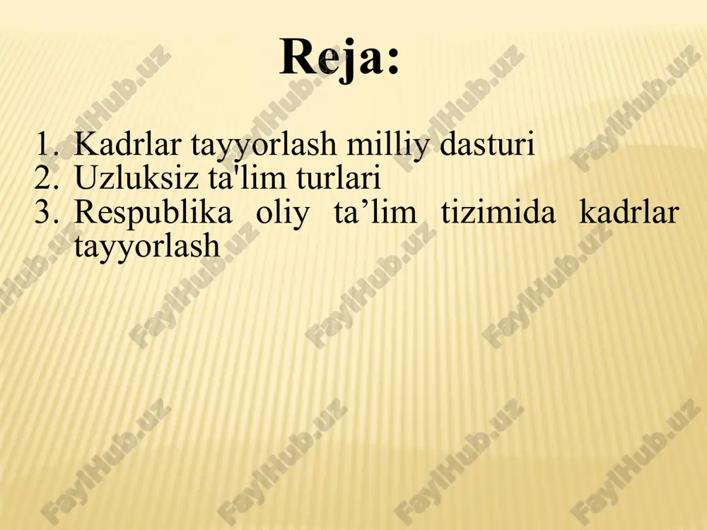 an tashqari ta'lim maktabgacha ta'lim uzluksiz ta'lim tizimining boshlang'ich bo'g'inidir. bu bolaning sog'lom, rivojlangan shaxsini shakllantirishni ta'minlaydi, o'rganishga bo'lgan ishtiyoqni uyg'otadi, tizimli o'rganishga tayyorlaydi. 6-7 yoshgacha bo‘lgan maktabgacha ta’lim davlat va nodavlat maktabgacha ta’lim muassasalarida hamda oilada amalga oshiriladi. maktabgacha ta'limning maqsadi - bolalarni maktabga tayyorlash, bolaning sog'lom, rivojlangan, erkin shaxsini shakllantirish, uning qobiliyatlarini ochib berish, o'qishga, tizimli o'rganishga intilishni tarbiyalash. maktabgacha ta'lim muassasalarida bolalarning hayoti va sog'lig'ini muhofaza qilish maktabgacha ta'lim muassasasining shtatdagi tibbiyot xodimlari, shuningdek, maktabgacha ta'lim muassasasiga biriktirilgan sog'liqni saqlash organining tibbiyot xodimlari tomonidan amalga oshiriladi. o'zbekistonda maktabgacha ta'lim muassasalarining zamonaviy tizimi bolalar bog'chasi, uy bolalar bog'chasi lingvistik, badiiy - estetik, sport va boshqalar. birlashtirilgan bolalar bog'chasi kompensatsiya bolalar bog'chasi (jismoniy va aqliy) bolalar bog'chasi-maktab bolalar bog'chasi parvarishlash va reabilitatsiya umumiy oʻrta taʼlim oʻquvchilarni fan asoslari boʻyicha tizimlashtirilgan bilimlar, xalq xoʻjaligi, madaniyat va maishiy hayotning turli sohalarida faoliyat yuritish, shuningdek, maxsus (kasbiy, oʻrta, oliy) taʼlim olish uchun …