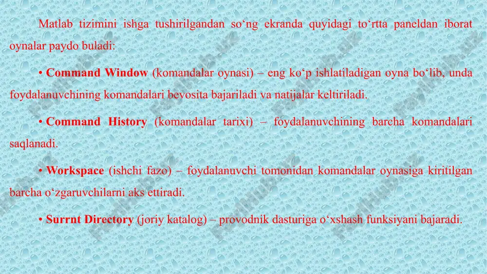 higa olingan belgilarning ixtiyoriy ketma-ketligi). ifodalar – matlab tilining ob’yekti bo‘lib, operasiyalar orqali o‘zgarmaslar, o‘zgaruvchilar va funksiyalarning ma’noga ega bo‘lgan to‘plamidir. ifodalar arifmetik, mantiqiy va simvolli kabi turlarga bo‘linadi. operasiyalar – matrisalarni ko‘shish, ayirish, ko‘paytirish, darajaga ko‘tarish, o‘ng va chap bo‘lish va x.k.lar bo‘lib, ular xaqidagi ma’lumotlarni help ops komandasi orkali olish mumkin. mathcad bu matematikaning turli sohalaridagi masalalarini yechishga mo’ljallangan ajoyib sistemadir. dasturning nomlanishi ikkita so’zdan iborat bo’lib – mathematika (matematika) va cad (avtomatik loyihalash sistemasi). mathcad ni o’rganish juda oson bo’lib, uni ishlatish soddadir. ushbu dasturni boshqarish windows muhitida oldin ishlaganlar uchun intuitiv tushinarlidir. mathcad ni juda ko’p sohalarda sodda hisoblashlarni hisoblashdan tortib to elektrik sxemalarni qurishgacha ishlatish mumkin. mathcad formula, sonlar, matnlar va grafiklar bilan ishlaydigan universal sistemadir. mathcad dasturini ishga tushurish uchun: pusk=> vse programmi=> mathcad=> mathcad 14 mathcad dasturini ishchi maydoni: mathcad tizimining menyusi alohida o'rin tutadi. mathcad menyu buyruqlari to'plami quyidagilardan iborat: file, edit, …
