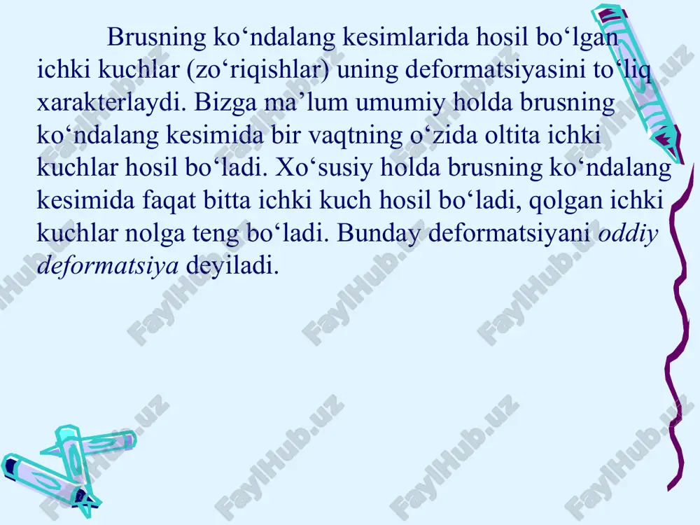 tdir. qattiq jismga tashqi kuch qo’yilmaganda ham, unda ichki kuchlar mavjuddir. qattiq jismda ichki kuchlar mavjud bo’lmasa, uning zarralari ma’lum hajmni qoplovchi bir butun shaklni hosil qilmagan bo’lar edi. jismni hosil qiluvchi zarralar orasidagi o’zaro ta’sir kuchlari boshlang’ich ichki kuchlar deyiladi. 10-shakl tekshirilayotgan kesim yuzasining har-bir elementar δa yuzasiga δf ichki kuch ta’sir etadi. elementar δf kuchining δa uzagacha bo’lgan nisbatiga kuchlanish deyiladi. u r harfi bilan elgilanadi, yo’nalish esa ichki kuch yo’nalishida bo’ladi: p=∆f/∆a a qismining kesim yuzasi bo’yicha biror qonun bilan yoyilgan elastik kuchlar ta’sir qilsin. elastik kuchning yuza birligidagi miqdori kuchlanish deyiladi sterjen kesim yuzasida hosil bo'ladigan ichki kuchni topish uchun kesish metodidan foydalanamiz. masalan, yuqori uchi bi- lan tik biriktirilgan sterjen r1, r2. r3 kuchlar ta'sirida bo'lsin va ichki kuchni topish talab etilsin (3-shakl, a). ichki n kuch yo'nalishini koordinata sistemasining x o'ki bo'ylab yo'- nalgan deb olamiz va kuchlar oralipshi belgilab, uchastkalarga bo'lib chikamiz. har …