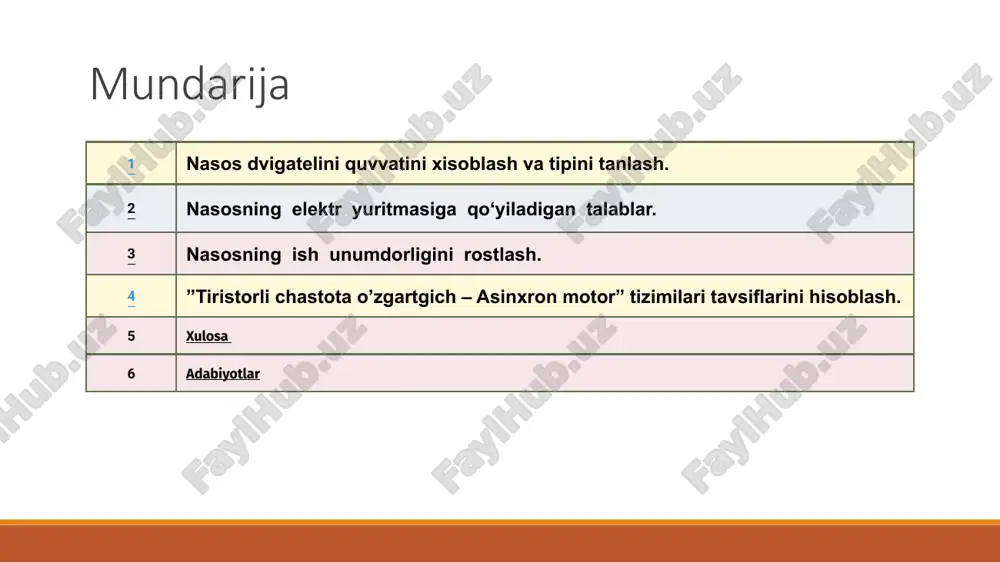 kiradi. tezligi rostlanmaydigan nasos qurilmalari qisqa tutashtirilgan rotorli asinxron dvigatellar qo‘llaniladi, ular 380 v kuchlanishli tarmoqdan ta’minlanadilar. quvvati 100 kvt dan katta bo‘lgan nasoslar elektr yuritmasi sifatida 6 va 10 kv kuchlanishli tarmoqdan ta’minlanadigan asinxron yoki sinxron dvigatellar qo‘llaniladi, ular to‘g‘ridan-to‘g‘ri to‘la kuchlanish bilan ishga tushiriladi. parrakli nasoslar ko‘p hollarda yuqori tezlikka ega bo‘ladi, ularni to‘g‘ridan-to‘g‘ri dvigatelga ulash mumkin. nasoslarni yopiq zadvijka bilan yoki ochiq zadvijka bilan ishga tushiriladi. yopiq zadvijka bilan ishga tushirilganda dvigatelni ishga tushrish momenti uning nominal momentini 0,2-0,3 ulushini tashkil etishi kerak. agar bunda truboprovod yopiq bo‘lsa ham xavfli bo‘sim hosil bo‘lmaydi, chunki bunda quvvat dvigatelni nominal quvvatini 40%ni tashkil etadi holos. nasosning ish unumdorligini rostlash. nasosning ish unumdorligini oshirishga qaratilgan tadbirlar ular iste’mol qilayotgan elektr energiyani tejashda katta axamiyatga ega. nasoslarning ish unumdorligini to‘rt hil usul bilan rostlash mumkin: truboprovodlarni qarshiligini o‘zgartirish yani magistralga zadvijkalarni kiritish; dvigatelni burchak tezligini o‘zgartirish; magistralga ishlayotgan agregatlarni sonini o‘zgartirish; …