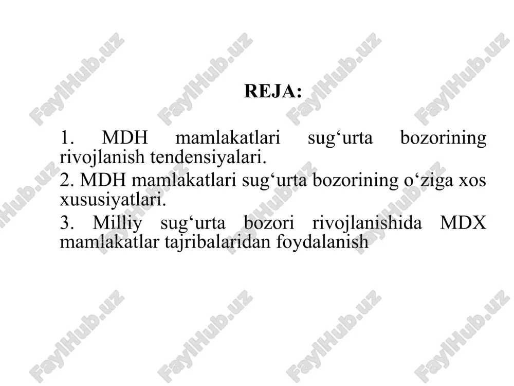 iga indeksatsiya qilganlar. 1998 y – 1997 yil 23 iyundagi tabiiy ofatdan so‘ng 1998 yildan boshlab prezident qaroriga asosan fuqarolarning barcha binolarini majburiy sug‘urtalash tizimi joriy qilindi. sug‘urta bozori rivojlanishining 2-bosqichi (1998-2005): 1999 y – avtotransport vositalari egalarining fuqarolik javobgarligini majburiy sug‘urta qilish tizimi joriy etilishi sug‘urta bozorini yanada rivojlanishiga sabab bo‘ldi. ushbu sug‘urta xizmatiga talab keskin oshib ketishi natijasida tumanlardagi pochta va bank filiallari ham majburiy sug‘urta polislarini rasmiylashtirishni boshladilar. 2001 y – sug‘urta kompaniyalari tomonidan shakllantiriladigan rezervlarga yangi talablar o‘rnatilishi orqali sug‘urta bozoriga bo‘lgan ishonchni yanada oshirish imkoniyatining yaratilishi. sug‘urta bozori rivojlanishining 3-bosqichi (2006-2010): 2006 y – yangi qabul qilingan “sug‘urta faoliyati to‘g‘risida” gi va “tovar (xizmatlar) eksporti rivojlanishiga ko‘maklashish to‘g‘risida” gi prezident farmoni hamda 2006-2010 yillarda sug‘urta faoliyatini rivojlantirish davlat dasturi orqali 2010 yilga kelib jami sug‘urta mukofotlarida 52 foizi ixtiyoriy sug‘urta turlari orqali kelib tushishi ta’minlandi. qozog‘iston sug‘urta bozori 1992 y – “qozog‘iston respublikasida sug‘urtalash to‘g‘risida” …