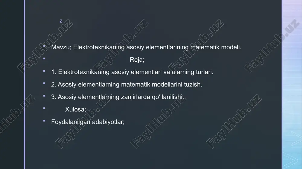 kadagi har bir elementni matematik tenglamalar yordamida ifodalash mumkin. bu modellar vaqtga, kuchlanishga yoki tokka bog‘liq bo‘lgan differensial tenglamalar ko‘rinishida bo‘ladi. 2.1 rezistor (r): rezistorga ohm qonuni qo‘llaniladi: v=ir bu yerda: vvv — kuchlanish (volt), iii — tok (amper), rrr — elektr qarshilik (ohm). bu tenglama vaqtga bog‘liq bo‘lmasa-da, zanjirdagi tok va kuchlanish orasidagi to‘g‘ridan-to‘g‘ri bog‘lanishni ko‘rsatadi. z i=cdtdv​ bu tenglama kuchlanishning vaqt bo‘yicha o‘zgarishiga bog‘liq tokni ifodalaydi. bu yerda: ccc — sig‘im (farad), elektrotexnikadagi har bir passiv elementning – ya'ni rezistor, kondensator va induktorning – o‘ziga xos fizik xatti-harakati mavjud. bu elementlar elektr toki va kuchlanish o‘rtasidagi bog‘lanishni shakllantiradi. mazkur xatti-harakatni matematik ko‘rinishda ifodalashga matematik model tuzish deyiladi. matematik model qurish orqali elektr zanjirlarining vaqtga bog‘liq ishlashini tahlil qilish mumkin. bunday modelni yaratish bir nechta ketma-ket bosqichlardan iborat bo‘ladi. birinchi bosqich — elementning fizik xususiyatini aniqlash. bu yerda har bir element qanday ishlashi, ya'ni kuchlanish va tok o‘rtasida qanday …