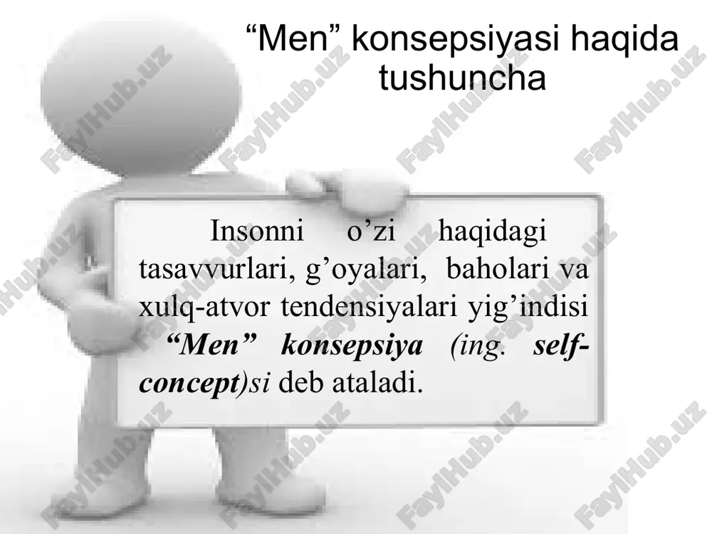 urmatini qozonish, o'z mavqeini kuchaytirish yoki aksincha, o'z kamchiliklarini berkitishga harakat, yuqori baho berish va h.k. “men” konsepsiyasi odamni turli sohalarda muvaffaqiyatini va zaif tomonlarini belgilaydi va 3 ta rolni bajaradi birinchidan – shaxsning ichki o’zaro roziligiga erishishga turtki beradi; ikkinchidan – odamni tajribasini izohlaydi; uchinchidan – kutishni manbasi bo’ladi. “men” konsepsiyasining rivojlanishi u.jeymsning fikricha, shaxsning ijtimoiy «men»i ijt. psixologik naz./lar ko‘p o'rganilgan mavzudir. sots. charlz kulining «shaxs oynasi» tushunchasi, (shaxs atrofídagi odamlarning unga nisbatan berayotgan bahosi va fikriga aynan oynaga qaraganday qaraydi, degan fikri) j.g. mid va g.s. sallivanning “jamoaviy ustanovka” (shaxsning o'zini anglashi uning ijtimoiy munosabatlarining hosilasi bo'lib, bu jarayonda u o'ziga tashqi tomondan, go'yoki obyektga qaragandek qarashni o'rganadi) tushun. bixeviorist va freydistlarga ko’ra, insonning “men”i uning axloq va rivojlanishning asosiy omili sifatida umumiy ko’rib chiqishiga intilishgan. persona o‘rtasida muammolarni keltirib chiqaradi karl yungning ta’kidlashicha, shaxs psixikasi tuzilishida himoya qismi mavjud va u persona deb ataladi. shaxsning yolg’on …