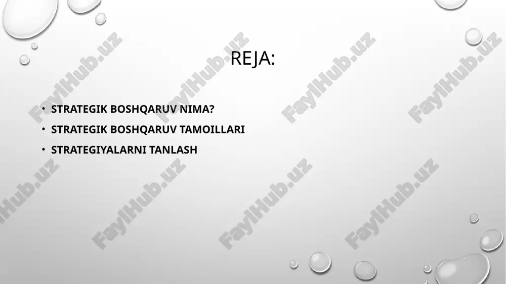 izmat ko'rsatish va innovatsiyalar orqali raqobatni kuchaytirish. 4. rejalashtirish va amaliyotga o'tkazish rejalashtirish jarayoni: strategiyalarni amalga oshirish uchun batafsil reja ishlab chiqish. resurslarni boshqarish: moliyaviy va insoniy resurslarni samarali taqsimlash va boshqarish. 5. monitoring va baholash natijalarni baholash: amalga oshirilgan strategiyalarning natijalarini tahlil qilish. o'zgarishlar kiritish: zarur bo'lganda strategiyalarda o'zgarishlar kiritish va yangilanishlar. 6. moslashuvchanlik o'zgaruvchan muhitga moslashish: bozor sharoitlari va raqobatchilar faoliyatiga tezda moslashish qobiliyati. 7. jamoa ishlash jamoaviy ish: strategik boshqaruv jarayonida barcha darajadagi xodimlarning ishtirokini ta'minlash. strategiyalarni tanlash strategiyalarni tanlash — bu tashkilotning maqsadlariga erishish uchun eng mos keladigan yo‘nalishlarni belgilash jarayonidir. bu jarayon quyidagi asosiy strategiyalardan iborat: bozor o'sishi: yangi bozorlar: tashkilotning mavjud mahsulotlarini yangi geografik hududlarga yoki segmentlarga kirish orqali o'sishini ta'minlash. yangi mahsulotlar: mavjud bozor uchun yangi mahsulotlar ishlab chiqarish va taklif etish. integratsiya strategiyalari: vertikal integratsiya: ta'minot zanjirining yuqori yoki pastki bosqichlariga kirish orqali nazoratni kuchaytirish. gorizontal integratsiya: raqobatchilarni sotib olish yoki birlashish …