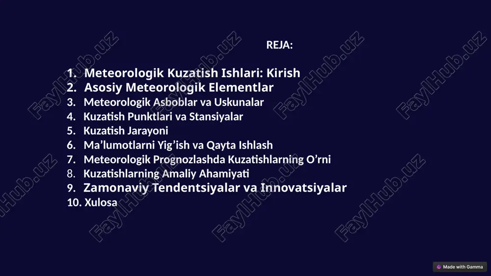 i va stansiyalar ma'lumotlarni yig'ish uchun tashkil etiladi. asosiy va maxsus stansiyalar mavjud. kuzatish maydonchasi muayyan talablarga javob berishi kerak. kuzatishlar kundalik va davriy ravishda o'tkaziladi. stansiyalarning joylashuvi va jihozlanishi kuzatishlarning aniqligini ta'minlaydi. 1 asosiy stansiyalar asosiy meteorologik elementlarni o'lchaydi. 2 maxsus stansiyalar muayyan maqsadlar uchun tashkil etiladi. 3 kuzatish vaqtlari kundalik va davriy kuzatishlar mavjud. 6 kuzatish jarayoni kuzatish jarayoni harorat, namlik, atmosfera bosimi va shamolni o'lchashni o'z ichiga oladi. harorat havoda va tuproqda o'lchanadi. namlik nisbiy va absolyut ko'rsatkichlarda aniqlanadi. atmosfera bosimini o'lchashda tuzatishlar kiritiladi. shamol yo'nalishi va tezligi qayd etiladi. kuzatish jarayonining aniqligi ma'lumotlarning ishonchliligini ta'minlaydi. haroratni o'lchash havoda va tuproqda haroratni aniqlash. namlikni aniqlash nisbiy va absolyut namlikni o'lchash. atmosfera bosimini o'lchash tuzatishlar kiritish zarur. shamolni o'lchash yo'nalish va tezlikni qayd etish. 7 ma'lumotlarni yig'ish va qayta ishlash kuzatish ma'lumotlari kuzatish jurnalida qayd etiladi. ma'lumotlar raqamlashtirilib, bazaga kiritiladi. statistik tahlil usullari qo'llaniladi, o'rtacha, maksimal va minimal …