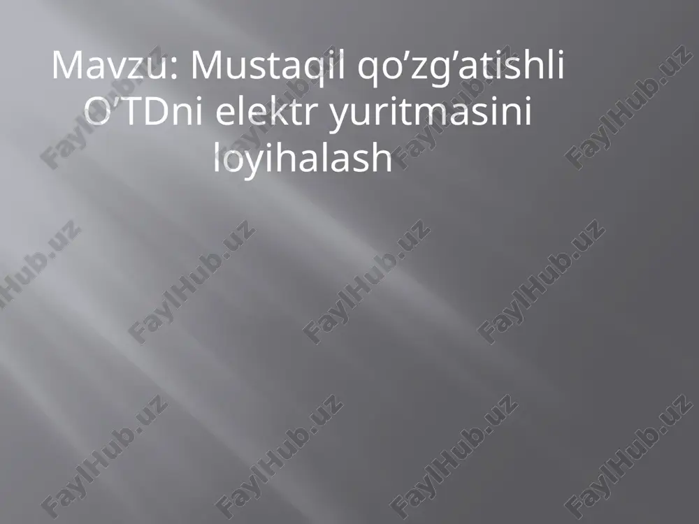 chak tezligi hisoblanadi: ω0 = ωhu / (u-ihrya)=(104,7*220)/(220-223*0.069)=67,5 [ rad/sek ] bu yerda: ωh = nh / 9,55=1000/9.55=62,8[ rad/sek ] salt ishlash aylanish tezligi aniqlanadi: n0 = 9.55ω0=67,5*9.55=644,6 ay/min nominal moment hisoblanadi: =42000/62,8=668,8 n*m mustaqil qo’zg’atishli o’tdni tabiiy va sun’iy mexanik xarakteristikalari qo’zg’atish tokining nominal qiymatini hisoblang. ibh = uh / rsh =220/32,5=6,76 [ a ] yakorning nominal tokini aniqlang: iyan= ih - ibn=219-6,76=216,24 [ a ] 4. nominal qarshilik qiymatini aniqlang: rh =uh / iyan=220/216,46=1,03 [ om ] yoki nisbiy birliklarda dvigatel qarshiligi ṙd = rd/ rh=0.06/1,03=0.022 dvigatelni 4 pog’onali qarshilik orqali ishga tushadi deb qabul qilamiz: z = 4 λ = z + 1√1 / ṙdv·i̇2=4+1√1 / (0.022*0,88)=1.89 bu yerda i̇2 = 0,88 a o’tish toki, u 20% gacha i̇ct tokdan katta olinadi. mustaqil(parallel) qo’zg’atishli o’zgarmas tok dvigatelini ishga tushirish xarakteristikalari. o’zgarmas tok dvigatelni teskari ulab tormozlash. tormozlash xarakteristikalarni hisoblash uchun mexanik xarakteristika tenglamasidan foydalanish mumkin. tormozlashdagi boshlangich …