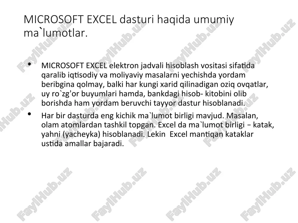 da kataklarda harf va sonlar kiritib ko`ramiz. e`tibor bering bir qarashda ular qanday farqlanadi. ko`rinib turgandek, o`nli qismini vergul ajratib turibdi. agar vergul o`rniga nuqta qo`yilsa, excel uni matn deb tushunadi. bundan tashqari ikkita katakka bir xil ma`lumot kiritilganligini ko`ryapsiz, lekin ulardan biri son, ikkinchisi matndek tekislangan. bunga sabab, ma`lumot kiritishda birinchi simvol ‘(apostrof) bo`lsa, katakdagi ma`lumot matn hisoblanadi. katak formatini sozlash muloqot oynasining «chislo» varag’ini qarab chiqaylik. bunda katakdagi ma`lumot qanday tasvirlanishini o`rnatish mumkin. format bu katakdagi ma`lumotlarni tartiblashtiruvchi qolip va u ma`lumotlarga o`zgartirish kiritmaydi. quyidagi rasmga qarang, katakni formatlash yordamida bitta ma`lumotni bir necha ko`rinishda yozish mumkin. «viravnivanie» varag’i bilan tanishaylik. unda katakdagi ma`lumotlarni aks ettirilishini tekislash imkoniyatlari mavjud.0 tekislashlar faqat katak ko`rinishini o`zgartiradi xolos.