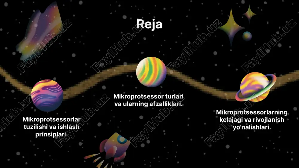 sosiy turlari: umumiy maqsadli, maxsus maqsadli, va yuqori ishlov berish mikroprotsessorlari. umumiy maqsadli mikroprotsessorlar turli dasturlarni bajarish uchun mo'ljallangan, maxsus maqsadli mikroprotsessorlar esa aniq vazifalarni bajarishga qaratilgan. yuqori ishlov berish mikroprotsessorlari esa murakkab hisoblashlarni tez va samarali amalga oshirish uchun yaratilgan. mikroprotsessorlarning har bir turi o'ziga xos xususiyatlarga ega. umumiy maqsadli mikroprotsessorlar ko'p dasturiy ta'minot bilan ishlashga mo'ljallangan, maxsus maqsadli mikroprotsessorlar esa muayyan sohalarda yuqori samaradorlikni ta'minlaydi. yuqori ishlov berish mikroprotsessorlari esa yuqori tezlik va quvvat talab qiladigan ilovalar uchun mos keladi. turli mikroprotsessorlar sanoat, ilmiy tadqiqotlar, va kundalik hayotda keng qo'llaniladi. misol uchun, umumiy maqsadli mikroprotsessorlar kompyuterlarda ishlatilsa, maxsus maqsadli mikroprotsessorlar avtomobillarda yoki tibbiy uskunalarda qo'llaniladi. yuqori ishlov berish mikroprotsessorlari esa sun'iy intellekt va katta ma'lumotlarni tahlil qilishda qo'llaniladi. 01 02 03 mikroprotsessorlarning tarixiy rivojlanishi mikroprotsessorlar 1970-yillarda paydo bo'lib, dastlabki modellar oddiy va cheklangan edi. vaqt o'tishi bilan, ishlab chiqarish texnologiyalari takomillashdi va mikroprotsessorlar yanada kuchli va murakkab tizimlarga …
