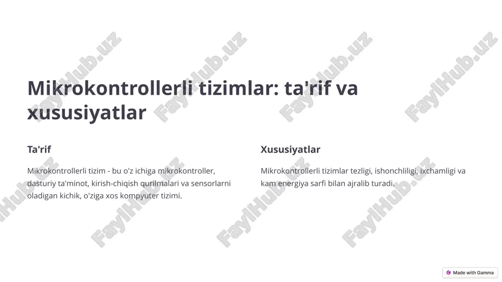 ashxislash uchun bosqichma-bosqich yondashuvni qo'llash muhim. bu sizga muammoning sababini aniqlash uchun tizimning turli qismlarini tekshirishga imkon beradi. birinchi navbatda quvvat manbai va mikrokontrollerni tekshirish muhim. 4 mikrokontrollerli tizimlarni tashxislash: maqsad va ahamiyati nosozliklarni aniqlash mikrokontrollerli tizimlarning to'g'ri ishlamasligining sabablarini aniqlash. tizim ish faoliyatini tiklash nosozliklarni bartaraf etish orqali mikrokontrollerli tizimlarni yana ishga tushirish. muammolarning oldini olish tashxis jarayoni kelajakdagi nosozliklarni oldini olish uchun yordam beradi. 5 tashxis uchun zarur vositalar va uskunalar multimetr elektrik qarshilik, kuchlanish va oqimni o'lchash uchun zarur vosita. o'lchash osilografi signallarni vaqt oralig'ida o'lchash va tahlil qilish uchun ishlatiladi. tekshirish dasturlari mikrokontroller xotirasini va registrlarini tekshirish imkonini beradi. soldering temiri mikrokontrollerli tizimning ta'mirlashida komponentlarni lehimlash uchun ishlatiladi. 6 lehimlashni ta'mirlash - bu metallarni lehimlash orqali yig'ish jarayonidir. lehimlashda eritilgan lehim qotishmasi ) u ikki metall sirtini birlashtirib , ular o'rnini to'ldiradi . bu usul ko ' elektronika va boshqa nozik jihozlarda , chunki u yuqori …
