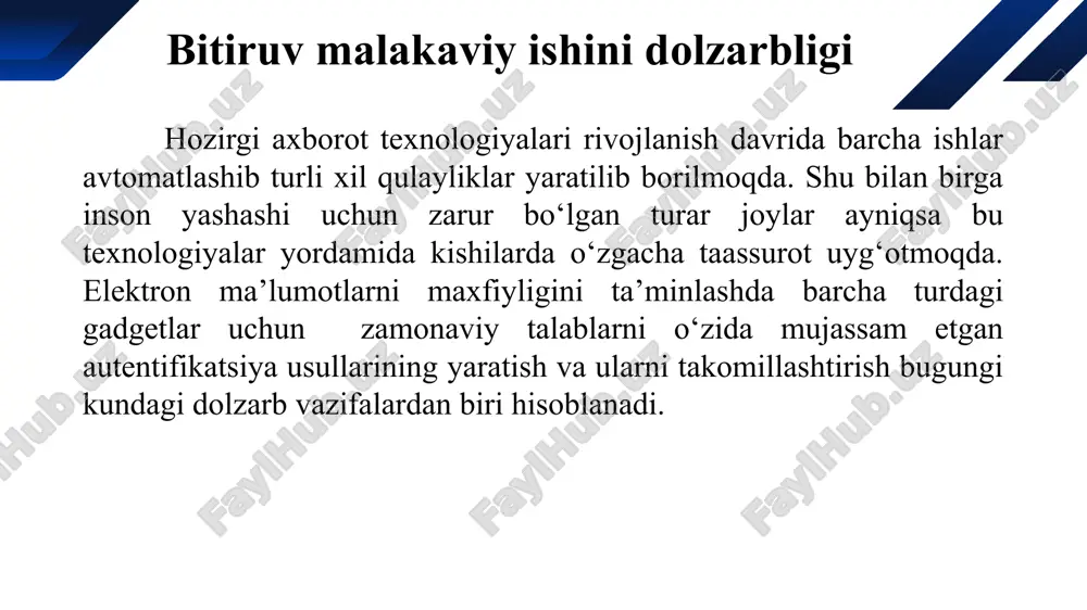 idan ajratib olish uchun identifikator; uchinchi element – foydalanuvchi sub’ekti identifikatorini tasdiqlash jarayoni ya’ni autentifikator; to‘rtinchi element - tizim egasi (administrator), tizimdan foydalanish javobgarligini, avtorizatsiyadan o‘tgan foydalanuvchilarni va boshqa foydalanuvchilarni autentifikatsiyalash mexanizmidan o‘tkazish; - beshinchi element – autentifikatsiyalash mexanizmi. ruxsatlarni boshqarish tizimining tashkil etuvchilari 5 ruxsatlarni boshqarish tizimining tashkil etuvchilari identifikator quyidagilar bo‘lishi mumkin: telefon raqami; pasport raqami; elektron pochta manzili; tizimdagi foydalanuvchining id raqami. autorizatsiya jarayoniga misollar: - kalit bilan eshikni ochgandan keyin ichkariga kirish; - parolni kiritganingizdan keyin elektron pochtaga kirish; - barmoq izingizni skanerdan o‘tkazganingizdan keyin smarfoningizning ochilishi; - pasport va xisob ma’lumotlaringizni tekshirgandan keyin bankdagi pul mablag‘laringizni berilishi. ruxsatlarni boshqarish tizimining tashkil etuvchilari 7 ruxsatlarni boshqarish tizimining tashkil etuvchilari identifikatsiya, autentifikatsiya va autorizatsiya jarayonlari o‘rtasidagi bog‘liqlik. 1. identifikatsiya(login yoki id raqam) – identifikatorni tanlash; 2. autentifikatsiya(parol, qurilma yoki barmoq izi) – haqiqiyligini tekshirish; 3. autorizatsiya- kirishga ruxsat berish . 8 inson hayoti hayoti davomida u bilan …