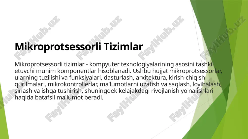 rlar, aktuatorlar mikroprotsessorli tizimlar bilan bog'langan asosiy kirish-chiqish qurilmalari hisoblanadi. bu qurilmalar orqali foydalanuvchi bilan mikroprotsessorli tizim o'rtasida o'zaro aloqa o'rnatiladi. 2 ulanish usullari kirish-chiqish qurilmalari mikroprotsessorli tizimlar bilan turli ulanish usullari orqali bog'lanadi. bu usullar orasida parallel va ketma-ket shinalari, usb, pci, ethernet, wi-fi kabi interfeys standartlari mavjud. 3 interfeys dasturlari kirish-chiqish qurilmalarini mikroprotsessorli tizimga ulash uchun tegishli interfeys dasturlari yoziladi. bu dasturlar qurilmalar o'rtasidagi ma'lumotlar almashuvini boshqarib, ulanish va ma'lumotlar uzatish jarayonlarini amalga oshiradi. 5 mikrokontrollerlar va ularning qo'llanilishi nima mikrokontroller? mikrokontroller - bitta chiptada protsessor, xotira, kirish-chiqish qurilmalari va dasturlash imkoniyatlari birlashgan bir chiplaik kompyuter qurilmasidir. ular turli xil elektron qurilmalarda keng qo'llaniladi, chunki kichik o'lchamli, arzon va funktsional jihatdan moslashuvchan bo'ladi. mikrokontrollerlarning qo'llanilishi mikrokontrollerlar uyda, sanoatda, tibbiyotda, transport vositalarida, atom elektr stansiyalarida va boshqa sohalar qo'llaniladigan turli xil elektron qurilmalarda keng qo'llaniladi. ular avtomatika, robotika, nazorat-o'lchash tizimlari, sensor tizimlarida muhim rol o'ynaydi. asosiy xususiyatlari mikrokontrollerlar quyi …