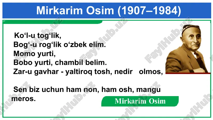 llarda ”zulmat ichra nur” qissasi. “zulmat ichra nur” qissasi haqida a.navoiy hayoti va ijodini aks ettiradi bosh qahramoni a.navoiy alisherning yoshligi tasvirlangan alisherning tog‘alari ham tilga olinadi tarixiy mavzudagi asarlari “singan setor” kitoblari kitoblari mirkarim osim – tarjimon yozuvchi tarjimonlik faoliyati bilan ham elimiz ma’naviyati yuksalishi yo‘lida katta xizmatlar qilgan. u rus yozuvchisi mixail sholoxovning “tinch oqar don”, s. borodinning “yeldirim boyazid” nomli romanlarini, l. batning “hayot bo‘stoni” qissasini va boshqa ko‘plab asarlarni ona tilimizga mahorat bilan o‘girgan. mirkarim osim 1984-yilda vafot etdi. uning adabiyotimiz ravnaqi yo‘lida qilgan ulkan mehnatlari mustaqillik tufayligina o‘zining chinakam qadr-qimmatini topdi. davlat mukofoti 2002-yilda o‘zbekiston respublikasi prezidentining farmoni asosida “buyuk xizmatlari uchun” ordeni bilan mukofotlandi. mustaqil bajarish uchun topshiriqlar 1. “zulmat ichra nur”asarini o‘qing. asar qahramonlari ro‘yxatini tuzing. 2. mirkarim osim ijodiy faoliyatini o‘qing va jadvalni to‘ldiring. tarixiy– qahramonlik haqidagi asarlari tarixiy – biografik asarlari … …