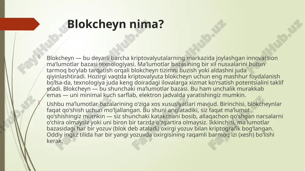 un ishlatiladi. bu bank yoki boshqa moliya instituti orqali pul joʻnatishdan koʻra tezroq boʻlishi mumkin, chunki tranzaktsiyalar tezroq tekshirilishi va oddiy ish soatlaridan tashqarida qayta ishlanishi mumkin. aktivlarni oʻtkazishda blockchain, shuningdek, turli aktivlarga egalik huquqini qayd etish va topshirish uchun ham ishlatilishi mumkin. bu hozirda raqamli sanʼat va videolarga egalik timsoli boʻlgan nft kabi raqamli aktivlar bilan juda mashhur. biroq, blokcheyn-dan koʻchmas mulk va transport vositalari kabi real hayotdagi aktivlarga egalik huquqini qayta ishlash uchun ham foydalanish mumkin. tomonlarning ikki tomoni birinchi navbatda blokcheyndan biri mulkka egaligini, ikkinchisida esa sotib olishga puli borligini tekshirish uchun foydalanadi; keyin ular blokcheyndagi savdoni yakunlashlari va yozib olishlari mumkin edi. ushbu jarayondan foydalanib, ular mahalliy okrug hukumati hujjatlarini yangilash uchun hujjatlarni qoʻlda topshirmasdan mulk dalolatnomasini topshirishlari mumkin edi; u blokcheynda bir zumda yangilanadi. blokcheyn zanjirlaridagi ixtiyoriy foydalanuvchi o’z bloklarida yozuvlarni yaratadi va bu yozuvlar bloklarga tarqata oladi, misol uchun, bloklarga «tizimda x kalitga ega …
