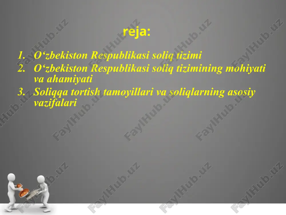 uchun ular respublika iqtisodiyoti xususiyatlarini to'liq ifoda eta oladigan ilmiy asoslangan bo'lishi kerak. soliqlar faqat davlatniki bo'lganidan ular markazlashgan pul fondiga (byudjetga) tushadi. boshqa fondlarga tushmasligi kerak. bizning respublikamizda xamma soliqlar umumiy fondiga tushadi. undan davlat asosan ijtimioy ximoya va boshqa ijtimoiy zaruriy maqsadlarda foydalanadi. soliqlarning moxiyatini ochishda ularning eng avvalo majburiy to'lovlar ekanligi ko'p iqtisodchilar tomonidan ko'rsatiladi. to'g'ri soliq munosabatlarida majburiylik mavjud, bu majburiylik demokratiyaning oliy timsoli bo'lmish parlament qarori, qonuni bilan kiritiladi, davlatning qattiq talabi e’tiboriga olinadi. soliq moxiyatini ochishda esa soliqchi va soliq to'lovchilar o'rtasidagi obyektiv pul munosabatlarini xarakatini o’rganish bilan amalga oshiriladi. soliqlar xamma pul munosabatlarini emas, balki soliq obyektlari bo'lmish daromad, qiymatni taqsimlash, qayta taqsimlashdagi pul munosabatlarini bildiradi. iqtisodchi olimlar davlat soliq tizimining uchta turini ajratib ko`rsatadilar: uchinchi turi - soliq solishning yetarlicha yuqori darajada bo`lishini ko`zda tutadigan soliq siyosati, lekin bunda ijtimoiy himoya ham yetarli bo`ladi. ikkinchi turi – oqilona soliqlar siyosati, bunday siyosat …