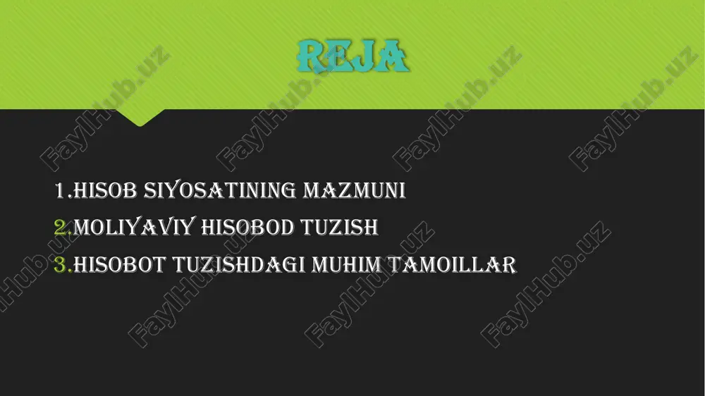 arning kompaniyadagi ulushi. 2. daromadlar va xarajatlar to'g'risidagi hisobot (moliyaviy natijalar): bu hujjat kompaniyaning ma'lum davr davomida olgan daromadlari va amalga oshirilgan xarajatlarini ko'rsatadi. asosiy maqsadi kompaniyaning foyda yoki zararga erishganini ko‘rsatishdir. 3. pul oqimi hisobotlari: bu hisobot kompaniyaning ma'lum davr davomida kirgan va chiqqan naqd pul miqdorini ko'rsatadi. ushbu hujjat kompaniyaning likvidlik holatini baholashda yordam beradi. 4. o'zgarishlar kapitalidagi hisobot: bu hujjat kompaniyaning aksiyadorlar kapitalidagi o'zgarishlarni ko'rsatadi. moliyaviy hisobotlar xalqaro buxgalteriya standartlari (xbs) yoki mahalliy buxgalteriya standartlariga (mbhs) muvofiq tuziladi. moliyaviy hisobot tuzishda bir nechta asosiy tamoyillar mavjud bo‘lib, ular hisobotlarning to‘g‘riligini, shaffofligini va solishtiruvchanligini ta’minlashga yordam beradi. quyida moliyaviy hisobotlarni tuzishda muhim hisoblangan tamoyillar keltirilgan: 1. davomiylik tamoyili (going concern principle): bu tamoyilga ko‘ra, tashkilot faoliyatini uzluksiz davom ettirishi, ya'ni yaqin kelajakda o‘z faoliyatini to‘xtatmasligi yoki tugatilmasligi nazarda tutiladi. bu tamoyil asosida moliyaviy hisobotlar tuziladi va tashkilot aktivlari va majburiyatlari uzoq muddatli deb hisoblanadi. 2. ishonchlilik tamoyili (reliability …