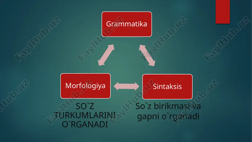 lli, salom, rahmat) 2) taqlid- ( taq- tuq, lik, lip, chi- chi, vov- vov) 3) modal- (albatta, afsus, balki, shukur) lug`aviy ma’no bildirmaydi. 2. savol olish- olmasligiga ko`ra. ot- kim? nima? qayer? 2) sifat- qanday? qanaqa? 3) son- nechta? qancha? nechanchi? 4) olmosh- barcha savollarni oladi 5) fe’l- nima qilmoq? nima bo’lmoq? 6) ravish- qancha? nega? qani? nima uchun? qachon? ko`makchi bog`lovchi yuklama savol olmaydi. undov taqlid modal savol olmaydi. 3. gap bo`lagi vazifasida kelish- kelmasligiga ko`ra: 1) ot- ega, qaratqich- aniqlovchi, to`ldiruvchi, ot- kesim bo`lib keladi. 2) sifat- aniqlovchi, ot- kesim. 3) son- aniqlovchi, ot- kesim. 4) olmosh- barcha gap bo`lagi vazifasida keladi. 5) fe’l- fe’l- kesim va b. 6) ravish- hol, ot- kesim ko`makchi bog`lovchi yuklama gap bo`lagi vazifasida kelmaydi. undov taqlid modal faqat taqlid so`zlar aniqlovchi, hol, ot- kesim bo`lib keladi. 4. yasalish- yasalmasligiga ko`ra: ot- yasaladi 2) sifat- yasaladi 3) son- yasalmaydi 4) olmosh- yasalmaydi 5) …