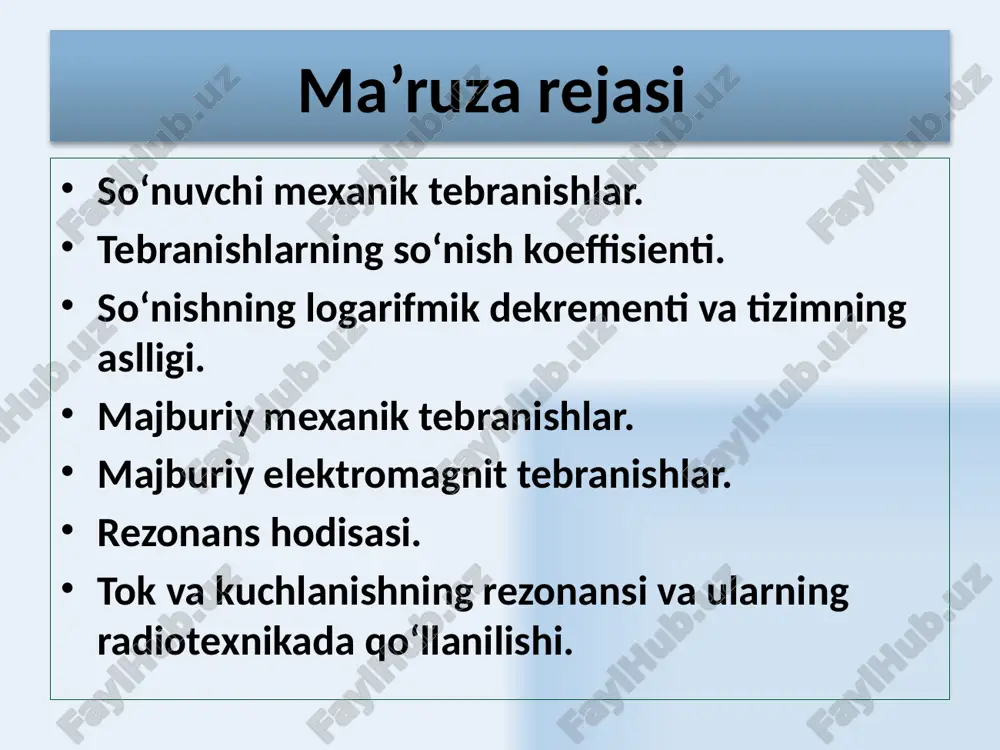 energiya a(t) amplituda kvadratiga proportsionaldir - 7 tebranish tizimining aslligi so'nishning logarifmik dekrementini kichik qiymatlarida x ning kichik qiymatlarida 8 erkin so'nuvchi tebranishlar prujinali mayatnik tebranuvchi kontur mexanik tebranish — elastiklik kuchi va ishqalish kuchi – ta'siida m massali prujinali mayatnikning bajaradigan kichik tebranishlari. ( r – qarshilik koeffitsienti) elektromagnit tebranishlar —r qarshilik, l induktivlik va c sig'imdan iborat bo'lgan tebranish konturidagi tebranishlar. 9 erkin so'nuvchi tebranishlar prujinali mayatnik tebranish konturi tebranuvchi kattalik x muvozanat holatiga nisbatan siljishlar q zaryad tebranishning differentsial tenglamasi so'nmaydigan tebranishlarning xususiy chastotas - 0  - so'nish koeffitsienti 10 erkin so'nuvchi tebranishlar prujinali mayatnik tebranish konturi so'nuvchi tebranishlar chastotasi q - asllik tebranishlar amplitudasi tebranish qonuni 11 sinusoidal kuch ta'siridagi majburiy tebranishlar garmonik qonunlar o'zgarishidagi faktorlar ta'siri ostida sodir bo'ladigan tebranishlar majburiy tebranishlar deb ataladi. majburiy garmonik tebranishlarning ikkinchi tartibli differentsial tenglamasi  - so'nish koeffitsienti 0 – tebranishning xususiy chastotasi  - majbur qiluvchi …