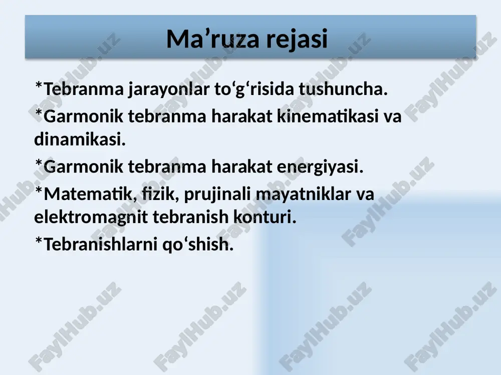 atrofida  burchak tezlik bilan aylanadigan bo'lsa, u vaqtda vektorning x o'qiga proektsiyasi quyidagi qonun bo'yicha tebranadi: 7 mexanik garmonik tebranishlar ko'chish: tezlik: tezlanish: tezlik va tezlanishlarning amplitudalari quyidagichadir tezlik fazasi ko'chish fazasidan  /2 ga farq qiladi, tezlanish fazasi ko'chish fazasidan  ga farq qiladi 8 m massali tebranayotgan moddiy nuqtaga ta'sir etuvchi kuch moddiy nuqtaga ta'sir etuvchi kuch moddiy nuqta ko'chishiga proportsional va ko'chishga teskari tomonga (muvozanat nuqtasiga) yo'nalgandir 9 garmonik tebranayotgan moddiy nuqtaning energiyasi to'la energiya o'zgarmasdan qoladi, vaqt o'tishi bilan faqat kinetik energiya potentsial energiyaga o'tadi va teskarisi sodir bo'ladi. kinetik energiya potentsial energiya 10 garmonik ostsillyatorlar tebranishi quyidagi differentsial tenglama bilan ifodalanadigan tizimlar garmonik ostsillyatorlar deb ataladi prujinali mayatnik matematik mayatnik elektr tebranish konturi fizik mayatnik 11 prujinali mayatnik ishqalanish kuchi hisobga olingandagi harakt tenglamasi r – qarshilik koeffitsienti prujinali mayatnik – yuqori tarafi qo'zg'almas etib qotirilgan spiralli prujinaning pastiga ilingan m – massali yukchadan …