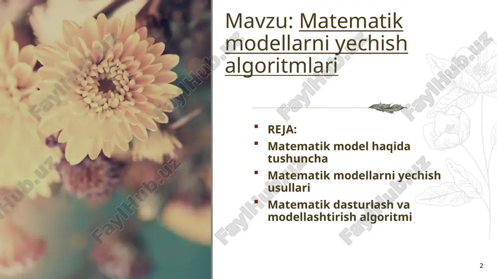 ilishi, uyurma hosil boʻlishi, issikdik, elektr va boshqa taʼsirlar hisobiga olingan differensial tenglamalari tuzilgan. matematik model fizika, astronomiya, biologiya, iqtisodiyot, tibbiyot va boshqa sohalarda asosiy tadqiqot usuli hisoblanadi arximed qonuniga ko‘ra, suyuqlikka yoki gazga to‘liq yoki qisman botirilgan har qanday jism o‘z hajmidagi siqib chiqargan suyuqlik og‘irligiga teng bo‘lgan ko‘taruvchi kuch ta’sirida bo‘ladi. birligi (n) analitik yechim usullari bu usulda model tenglamalarining aniq yechimlari topiladi. analitik yechim mavjud bo‘lsa, u ko‘pincha quyidagi usullar bilan topiladi: ajratish usuli: differensial tenglamalarda o‘zgaruvchilarni ajratish orqali yechim topiladi. ushbu tenglama quyidagicha ajratiladi: so‘ngra ikkala tomoni integral olinadi. integratsiya usuli: oddiy differensial tenglamalarni integrallash orqali yechim topiladi. chiziqli algebra usullari: chiziqli tenglamalar sistemasi quyidagi ko‘rinishda yechiladi: bu yerda — koeffitsiyentlar matrisi, — noma’lumlar vektori, — natijalar vektori. ushbu sistemani yechish uchun gauss eliminatsiyasi, lu ajratma yoki matrisa inversiya usullari qo‘llaniladi. 5 raqamli yechim usullari ko‘plab holatlarda modelning analitik yechimini topish qiyin yoki imkonsiz bo‘ladi. bunday …