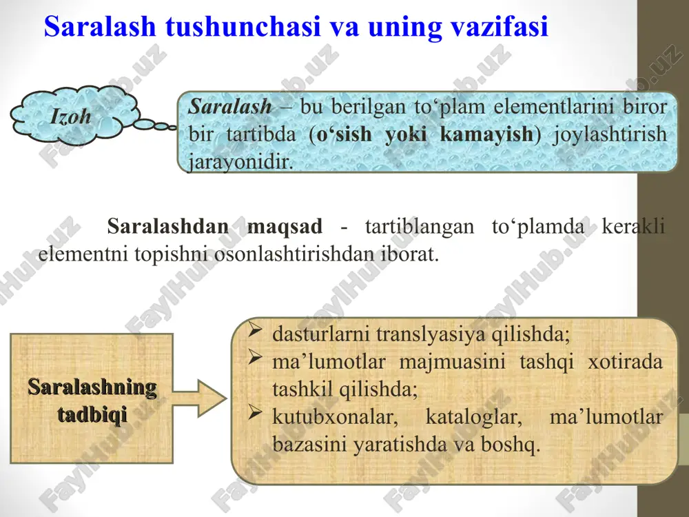 (i=2 dan boshlab) boshlang‘ich ketma-ketlikdan i-chi element ajratib olinib tayyor ketma-ketlikning kerakli joyiga qo‘shiladi. * qo‘yish orqali saralash algoritmi tahlili eng yomon, ya’ni boshlang‘ich ob’ektlar kalit qiymatlari bo‘yicha kamayish tartibida berilgan holat. taqqoslashlar soni: o‘rinlashtirishlar soni: saralashga ketgan vaqt: * qo’yish orqali saralash usuli psevdocodi : for 1=2 to n x=a(i) for j=i-1 downto 1 if x<a(j) then a(j+1)=a(j) else go to l endif next j l : a(j+1)=x next i return tanlash orqali saralash 1. berilgan ob’ektlar ichidan eng kichik kalitga ega element tanlanadi. 2. ushbu element boshlang‘ich ketma-ketlikdagi birinchi element a1 bilan o‘rin almashadi. 3. undan keyin ushbu jarayon qolgan n-1 ta element, n-2 ta element va xokazo, toki bitta eng “katta” element qolguncha davom ettiriladi. misol: - boshlang’ich holat * tanlash orqali saralash algoritmi tahlili eng yomon, ya’ni boshlang‘ich ob’ektlar kalit qiymatlari bo‘yicha kamayish tartibida berilgan holat. taqqoslashlar soni: o‘rinlashtirishlar soni: saralashga ketgan vaqt: * tanlash orqali …
