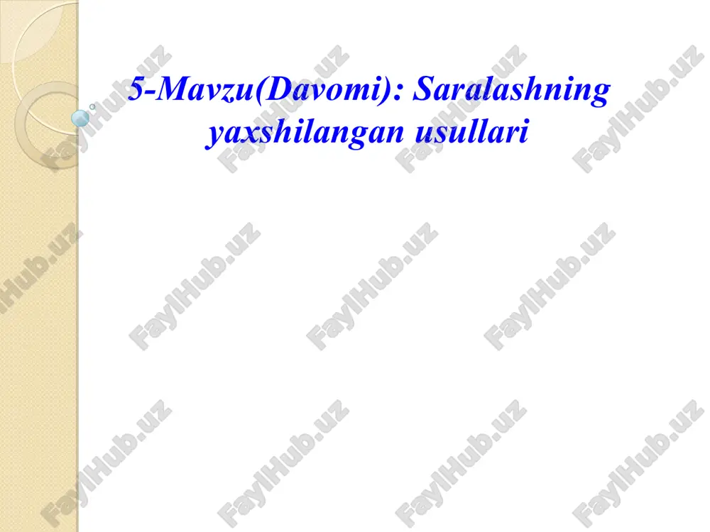 entlar guruhlanib, har bir guruh alohida saralanadi. .................................................................................................................... k-qadam. k-1 qadamda hosil bo‘lgan ketma-ketlik oddiy qo‘shish usuli orqali saralanadi. eslatma: r1>r2>…>rk-1>rk=1. * misol: 1-qadam. r1=8, ya’ni (a[0], a[8]), (a[1], a[9]), ... , (a[7], a[15]). 2-qadam. r2=4, ya’ni (a[0], a[4], a[8], a[12]), ..., (a[3], a[7], a[11], a[15]). 3-qadam. r3=2, ya’ni (a[0], a[2], a[4], a[6], a[8], a[10], a[12], a[14]), (a[1], a[3], a[5], a[7], a[9], a[11], a[13], a[15]). 4-qadam. r4=1, ya’ni (a[0], a[2], … , a[15]). 12 8 14 6 4 9 1 8 13 5 11 3 18 3 10 9 12 8 14 6 4 9 1 8 13 5 11 3 18 3 10 9 12 5 11 3 4 3 1 8 13 8 14 6 18 9 10 9 4 3 1 3 12 5 10 6 13 8 11 8 18 9 14 9 1 3 4 3 10 5 11 6 12 8 13 8 14 …