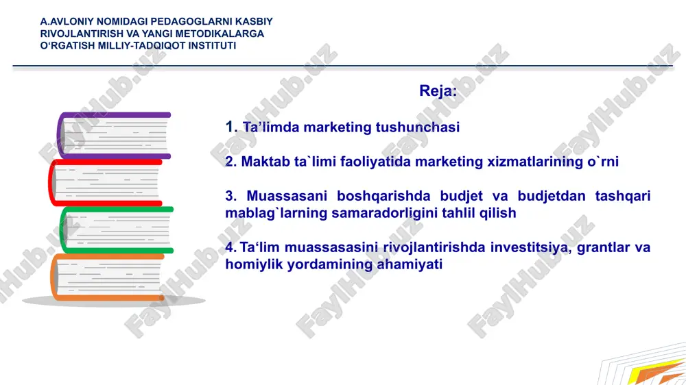 i aniqlash ta`lim marketingi ta’limdagi marketing ta’lim muassasasini boshqarishning ajralmas qismidir. o‘quvchilarni jalb qilish, ta’lim xizmatlari sifatini va muassasa daromadlarini oshirishga qaratilgan tadbirlarni tizimli rejalashtirish, amalga oshirish va nazorat qilish jarayoni. iste’molchilarning talablarini qondirish va foyda olishga yo‘naltirilgan faoliyat . chunki u ta’lim xizmatlari bozorida raqobatdosh ustunliklarga erishish imkonini beradi. muassasaning tashqi dunyo bilan har qanday aloqasidir . ta‘lim xizmatlari marketingi tushunchasi ta‘lim muassasalari rahbarlari birinchi navbatda o‘z xizmatlarini ilgari surish siyosatini olib boradilar; ta‘lim xizmatlariga bo‘lgan talabni tahlil qilish, istiqbollarni baholash va shunga mos ravishda ta‘lim xizmatlarini shakllantirish “zamonaviy ta’lim muassasasi qanday bo‘lishi kerak?” degan savolga javob berishga yordam beradi. ta‘lim xizmatlari bozorini marketing tadqiqotlarini o‘tkazadilar; potentsial iste‘molchilarning maqsadli segmentlarini aniqlaydilar; marketing rejalarini tuzadilar; marketing strategiyalarini ishlab chiqadilar. byudjetdan tashqari jamg’arma mablag‘larini shakllantirish manbalari pullik ta’lim xizmatlari depozit ijara homiylk mablag’lari realizatsiya xalq taʼlimi muassasa va tashkilotlarining koʻchmas mol-mulkini ijaraga berishdan balansda saqlovchiga tushadigan mablagʻlar 2. o‘quv dasturlarida nazarda …