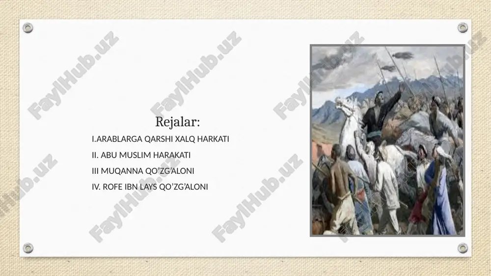 i xirojni qayta tiklaydi. o‘z siyosatini targ‘ib qilish maqsadida ikkita taniqli arab ruhoniysi as-sayid soliq va robiya ibn umranni samarqand va buxoroga jo‘natadi. xiroj solig‘i zodagonlardan ham, kambag‘allardan ham zo‘rlab undirila boshlanadi. . norozilik arab harbiylari va qisman zodagonlar ichida ham kuchaya bordi. shu paytga kelib xorijiylar harakati va mafkurasi yanada keng tarqala boshlandi. xorijiylar yuqorida qayd qilinganidek, shialar guruhidan vii asr oxirida ajralib chiqqan bo‘lib, bu so‘zning lug‘aviy ma’nosi qo‘zg‘olonchilar degani edi. avval boshda bu harakat oddiy arab va boshqa musulmon xalqlarning manfaatlarini himoya qilar edi. keyinchalik bu guruhdan ibodiylar, azrakiylar va boshqa jamoalar ajralib chiqqan. xorijiylar ta’limotiga ko‘ra musulmonlar-zimmiylar (boshqa dindagilar) ustidan hukmron bo‘lishlari kerak edi. movarounnahrda xorijiylar harakatiga shu paytda xoris ibn surayj boshchilik qiladi. xoris movarounnahrda tezda shuhrat qozondi. u samarqand va dabusiyadagi abu sayid tarafdorlarini o‘z qo‘li ostida to‘pladi. abu fotima uni yordamchisi va harbiy maslahatchisi etib tayinlandi. xoris ummaviy xalifalarni islomga rioya etmaslikka ayblab, …
