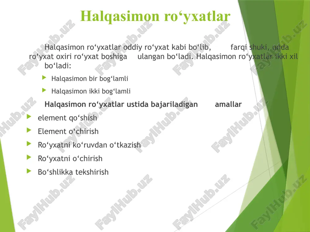 ;//oxirgi element ko'rsatkichini 2-elementga ko'chirish delete delitem;//ro'yxat boshidagi elementni o'chirish } halqasimon bir bog‘lamli ro‘yxat ni ekranga chiqarish void show() { node *p=head; while (p!=tail) { cout data next; } cout data data = x ; 3. bu elementni quyidagi rasmdagi 2-elementdan keyin qo‘shish uchun 2-element, ya’ni oxirgi element adresi kerak bo‘ladi. uni list ko‘rsatayotgan 1-elementning prev maydonidan olsa bo‘ladi. ya’ni node *lastptr=list->prev; demak, oxirgi elementning adresi lastptr da saqlanayapti. halqasimon ikki bog‘lamli ro‘yxatga element kiritish algoritmi 4. oxirgi elementning next maydoniga yangi element r ni adresini o‘zlashtiramiz: lastptr ->next = p; yangi elementning prev maydoniga esa shu oxirgi elementning adresini o‘zlashtiramiz, ya’ni: p ->prev= lastptr; hozircha ro‘yxatimiz quyidagicha ko‘rinishga ega bo‘ldi: halqasimon ikki bog‘lamli ro‘yxatga element kiritish algoritmi 5. navbatdagi qilinadigan ishimiz ro‘yxat boshi va oxirgi elementlarni o‘zaro bog‘lab qo‘yish bo‘ladi, ya’ni; p->next = list; list->prev = p; ushbu amallardan keyin yangi elementimiz ro‘yxatga qo‘shiladi: algoritm dasturi void addlist(int …