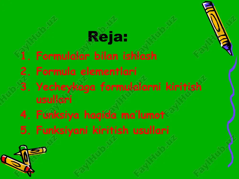 sob-kitob natijasi ko’rinadi. lekin formulaning o’zi tegishli yacheyka faollashtirilsa formulalar qatorida paydo bo’ladi. formulalar har doim «=» belgisi bilan boshlanadi. ushbu belgi yordamida excel matn va formulalarni farqlaydi. yacheykaga formulalarni kiritishning ikkita usuli mavjud: * 1. formulani klaviatura orqali kiritish: «=» belgisini ko’yib, keyin formulalar kiritiladi. kiritish paytida belgilar formulalar qatorida xamda faollashgan yacheykada paydo bo’ladi. formulalarni kiritishda odatdagi taxrirlash tugmalaridan foydalanish mumkin. 2. yacheykalar manzilini ko’rsatish yo’li bilan formulalar kiritish: bu usulda xam formulalar klaviaturadan kiritish orqali, lekin kamroq foydalangan holda amalga oshiriladi. ushbu usulda yacheykalar manzilini kiritish o’rniga ular ko’rsatiladi, xolos. * masalan, a3 yacheykaga =a1+a2 formulasini kiritish uchun kuyidagilarni bajarish kerak. jadval kursori a3 yacheykaga o’tkaziladi; «=» belgisi kiritiladi. formulalar qatori yonida «kiritish» (vvod) yozuvi paydo bo’ladi; sichqoncha ko’rsatkichi a1 yacheykaga olib boriladi va chap tugmachasi bosiladi. natijada yacheyka ajratib ko’rsatiladi, ya'ni uning atrofida harakatlanuvchi ramka (rom) paydo bo’ladi. a3 yacheykasi formulalar qatorida — a1 yacheyka manzili …