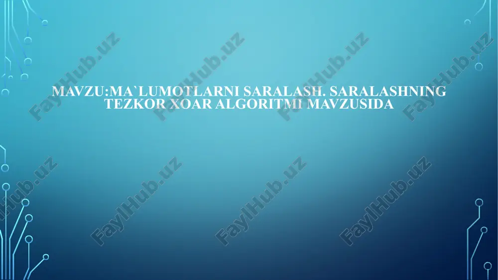 lda ko'p fazali birlashma va daraxt qo'shish, 1962 yilda tebranish va xoar tez saralash, 1964-yilda batcher birlashmasi bilan uilyams yig'ish va almashish. 60-yillarning oxirlarida saralash nazariyasi ham jadal rivojlandi. keyinchalik paydo bo'lgan algoritmlar ko'p jihatdan allaqachon ma'lum bo'lgan usullarning o'zgarishi edi. moslashuvchan saralash usullari keng tarqaldi, ular kiritish ketma-ketligi oldindan belgilangan mezonlarga javob beradigan hollarda tezroq bajarilishiga qaratilgan. tez saralash usuli (quicksort) deb ham ataladigan xoar usuli (britaniyalik kompyuter olimi toni xoar 1959 yilda quicksort algoritmini ishlab chiqdi va uni 1961 yilda nashr etdi) quyidagilarga asoslanadi: to‘plamni ikkita kichik to‘plamga ajratadigan element topildi, shunda birida barcha elementlar kattaroq bo‘ladi, boshqa - bo'lishdan kamroq. kichik to'plamlarning har biri ham xuddi shu asosda ikkiga bo'linadi. bunday bo'linishning yakuniy natijasi tartiblangan to'plam bo'ladi. quick sort–tez saralash algoritmi bu algoritm “bo'lib taashla va hukmronlik qil” tamoyilining yaqqol misolidir. bu algotirm rekursiv bo'lib, o'rtacha n*log2n ta solishtirish natijasida saralaydi. algoritm berilgan massivni saralash uchun uni …