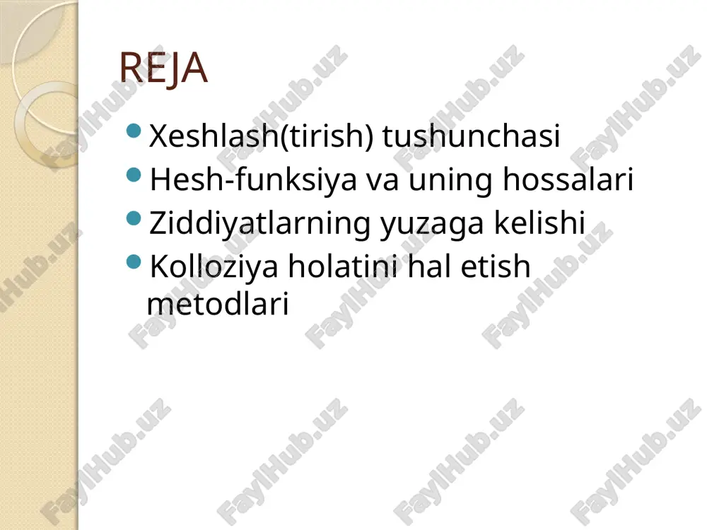 ---------------------------- ke 801 xesh-funktsiya-kriptografik algoritm bulib ixtieriy uzunligidagi malumotni fiksirlangan uzunligidagi kiymat kurinshidagi satrga aylantiradi. optimal eki samarador xesh-funktsiya ikkita mezonga javob beradi: 1-tez xisoblash 2-minimal kolliziya soni xesh-jadval tariflari: xesh-jadval bu-oddiy massiv,bunda adresatsiya xesh-funktsiya tomonidan aniklanadi. xesh-jadval bu-”kalit-kiymat” juftligini saklaydigan va 3 amallni bajaradigan mt: ---yangi juftlikni kushish ---uni kidirish ---kalit buyicha juftlikni uchirish hesh funksiya hossalari : 1.teskari funksiyaning mavjud emasligi; 2.kollizia holatining yo’qligi ; talaba------2398 kitob-------2398 3.determinanlanganiik 4. natijaning tasodifligi: savol------2367 sovol -----9140 kolliziya ro‘y berishini butunlay oldini oladigan, yaxshi xesh-funksiyani qurish mumkinmi? aniqki, butunlay kolliziyaga uchramasligi uchun xesh-funksiyaning har bir natijaviy qiymati unikal bo‘lishi kerak. kolliziya muammosini echish uchun turli usullarni qo‘llash mumkin. ulardan biri “rexeshlash” metodi hisoblanadi. dirixle printsipi:xesh kod buyicha kirish malumotni aniklab bulmaydi. agarda ikkita eki bir nechta kirish malumotga bitta xesh kod tugri kelsa bu xolat-kolliziya deyiladi. kolliziya paydo bulishi ixtimolligi-xesh funktsiya sifatini kursatadi. kolliziya masalasini xal kilish uchun rexeshlash ussuli ishlatiladi. …
