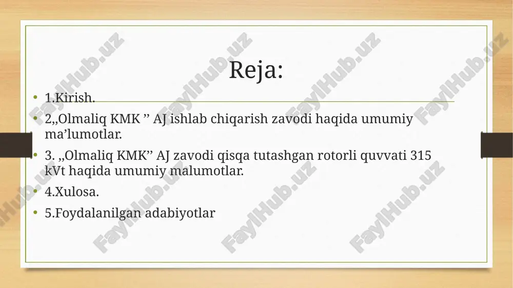 riyati istiqbolda ijtimoiy sohadagi chora-tadbirlarni amalga oshirilishini ta’minlash, oddiy ishchidan tortib to markaziy apparat xodimlarigacha boʻlgan mehnat jamoasi bilan uzviy tarzda ishlash, ishlab chiqarishni modernizatsiyalash, ishlab chiqarish salohiyatini va eksportni yanada oshirish, mehnatkashlarni har tomonlama ijtimoiy qoʻllab-quvvatlashdek vazifalarni oʻz oldiga qoʻygan. olmaliq kmk aj zavodi haqida umumiy maʼlumotlar. “olmaliq kmk ” aj zavodi oʻz faoliyatini 1949-yilning 1-fevral kuni boshlagab boʻlib, mis ruda va tabiiy boyliklarni qayta ishlash bilan shugullanadi. zavod toshkent viloyati olmaliq shahri oydin ko‘chasida joylashgan olmaliq kmk aj zavodi qisqa tutashgan rotorli quvvati 315 kvt mator haqida malumot . quvvati r꞊315 kvt kuchlanishi u꞊6000 v sosφ꞊0.9 bo'lgan qisqa tutashtirilgan rotorli asinxron motor pasport malumotlari xulosa men muqumjonov bekjahon olmaliq kon-metallurgiya kombinati (okmk aj) yanchish-maydalash sexida ishlab chiqarish amaliyotini muvaffaqiyatli o‘tadim. amaliyot davomida korxonaning texnologik jarayonlari, elektr jihozlari, ayniqsa, yuqori quvvatli elektr motorlar ishlash tizimi bilan bevosita tanishdim. ushbu sexda asosan ruda maydalash va mayin holga keltirish texnologiyalari amalga …