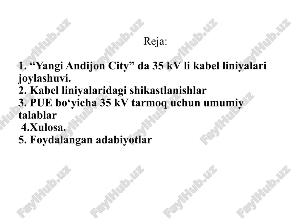 rab oladi. har bir obyektga transformator punktlari orqali elektr uzatish ta’minlanadi. loyihaning bosh rejasi va elektr sxemalari asosida kabel liniyalarining aniq yo‘nalishlari, mufta joylashuvi va zaxira liniyalar belgilangan. yangi andijon city” hududida 35 kv kabel liniyalari joylashuvi zamonaviy talablarga javob beruvchi, xavfsiz, samarali va energiya taqsimotini markazlashtirgan tizim asosida qurilgan bo‘lib, butun shahar energetika infratuzilmasining poydevorini tashkil etadi. yangi andijon city 365 kv liniya sxemasi yangi andijon city 365 kv liniya sxemasi kabel liniyalari elektr energiyasini ishonchli va xavfsiz uzatishning muhim vositalaridan biri hisoblanadi. biroq, turli tashqi va ichki omillar sababli kabel liniyalari shikastlanishga uchrashi mumkin. bu holat elektr ta’minotining uzilishi, havfli avariyalar, texnik xizmat xarajatlarining ortishi va tizimning umumiy ishonchliligiga salbiy ta’sir ko‘rsatadi. shu sababli, shikastlanishlarning sabablari, turlari va ularni aniqlash hamda oldini olish usullarini chuqur o‘rganish zarur. shikastlanish sabablari qurilish ishlari vaqtida noto‘g‘ri texnologik yondashuv, loyiha bo‘yicha noto‘g‘ri yotqizish chuqurligi (masalan, kamdan-kam hollarda 0.7 m dan kam chuqurlik), …