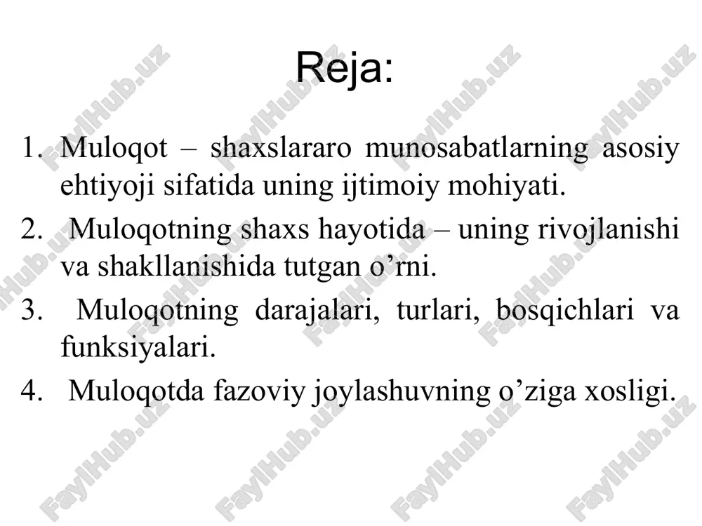 a buzilishlar qayd etilgan. har qanday yolg’izlik va muloqotning yo’qligi odamda: - muvozanatsizlik, - hissiyotga beriluvchanlik, - hadiksirash, - havotirlanish, - qayg’u, - o’ziga ishonchsizlik kabi hislarni, - shakar va tamaki,alkogolga moyillikni oshiri, - uzoq vaqt yolg’izlik esa o’z-o’ziga gapirish m.sifrning 63 kun g’orda yolg’ish yashashi bir necha kun o’tgach, o’rgimchakni ushlab oladi va u bilan gaplashadi. “biz, g’ordagi tanho mavjudotlar edik. men o’rgimchak bilan gaplasha boshladim, uning taqdiri uchun qayg’ura boshladim”. ijtimoiy hayotdagi vazifalari (b.f.lomov tasnifi bo’yicha) 1. informatsion-kommunikativ funksiya - axborot almashinuvini ta’minlash vazifasi. 2. regulatsion-kommunikativ funksiya - suhbatdoshlar xulqatvorining regulatsiya qilinishi (boshqarilishi)ni ta’minlash vazifasi. 3. affektiv-kommunikativ funksiya - inson emotsional sohasining regulatsiya (boshqarish) qilinishini ta’minlash vazifasi. l. a. karpenko tasnifga ko'ra muloqotning vazifalari: — aloqa o'rnatish vazifasi — suhbatdoshni aloqaga kirishish uchun tayyorlash; — informatsion vazifa — suhbatdosh bilan muayyan ma’lumotlar, fikrlar va rejalarni almashish; — koordinatsion vazifa — suhbatdosh bilan hamkorlikdagi faoliyatni tashkil etish va uni …