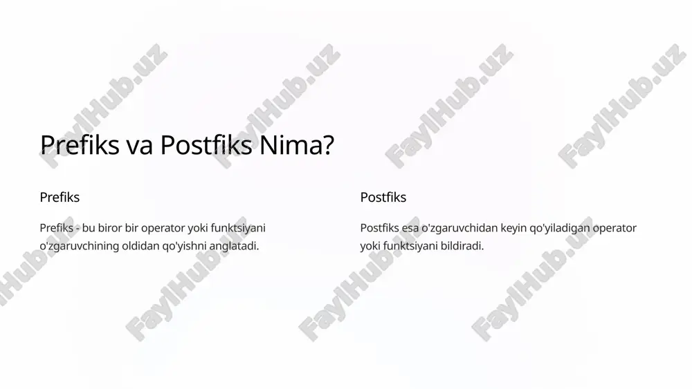 masalan, if shartida qiymatni tekshirishda. c++ kodlarida prefiks va postfikslar 1 misol 1 int x = 5; int y = ++x; // y = 6 2 misol 2 int x = 5; int y = x++; // y = 5 3 misol 3 for (int i = 0; i < 10; i++) { // ko'rsatmalar } prefiks va postfiks operatorlarining prioriteti prefiks va postfiks operatorlarining bajarilish tartibi dasturda muhim ahamiyatga ega. prefiks operatorlar postfiks operatorlardan oldin bajariladi. prefiks va postfiks operatorlarining turlari birlikni o'sish/kamaytirish: prefiks (++x yoki --x) yoki postfiks (x++ yoki x--) shaklida ishlatiladi. qiymatni o'sish/kamaytirish: prefiks operatorlar oldin qiymatni oshiradi/kamaytiradi, keyin uni qaytaradi. manzilni o'sish/kamaytirish: bu operatorlar xotirada ko'rsatgichning manzilini oshiradi/kamaytiradi. qiymatni o'zgartirish: postfiks operatorlar avvalgi qiymatni qaytaradi va keyin qiymatni oshiradi/kamaytiradi. prefiks va postfiksni ko'p o'zgaruvchilar bilan ishlatish bir nechta o'zgaruvchilarni prefiks yoki postfiks operatorlarini yordamida o'zgartirish mumkin. har bir o'zgaruvchi uchun operator alohida qo'llaniladi. prefiks va …