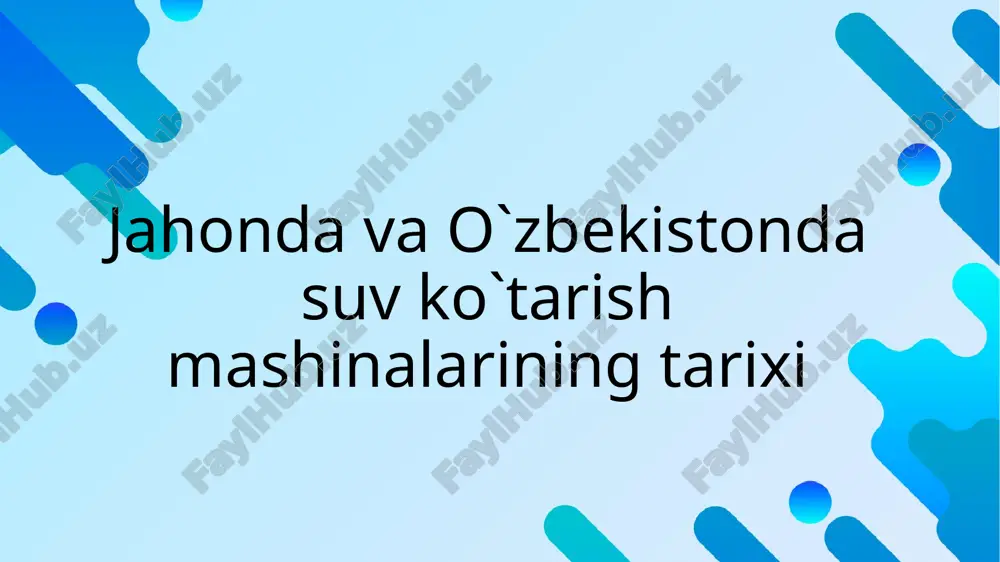 1779 yili “gidravlik taran” deb nomlanuvchi suv ko’tarib beradigan mashinani ixtiro qilgan 2.rivojlanish bosqichlari o’zbekistonda xx asrning boshlarida kichik traktor dvigatellari bilan xarakatga keltiriladigan nasos qurilmalari mavjud bo’lgan ya`ni ulardan foydalanish 1909 yildan boshlangan. 1917-1924 yillarda chirchiq daryosidan suv oladigan iskandar arig’ida bir nechta xususiy nasos stansiyalari qurilib ishlatilgan. bu davrgacha asosiy suv ko’tarish kurilmalari sifatida hayvon yoki odam kuchidan harakatlanuvchi chig’ir va noriyalardan foydalanilgan. rossiyaga qo’shilgan davrda xorazmda 60 mingdan ortiq chig’irlar yordamida amudaryodan suv olinganligi ma`lum. yaqin o`tmishda mana shunday ulkan charxpalaklar ham mavjud bo`lgan 1930 yillarda t.a.kolpakova raxbarligida respublikamizda fardzon traktor dvigatellari bilan harakatlanuvchi oddiy nasos qurilmalarini loyihalash, qurish va tadqiqot qilish ishlari amalga oshirildi. birinchi elektrlashtirilgan ko’chmas nasos stansiyalar 1959 yilda qurilgan mirzacho’ldagi “bayavut” va farg’ona vodiysidagi “to’raqo’rg’on” nasos stansiyalari hisoblanadi. o’zbekistonning irrigasiya tizimlarida 1960-90 yillarda 1604 nasos stansiyalari qurilgan bo’lib, ular 2 mln ga dan ortiqroq ya`ni 60 foizga yaqin sug’oriladigan yerlarga 6,4 ming m3/s …
