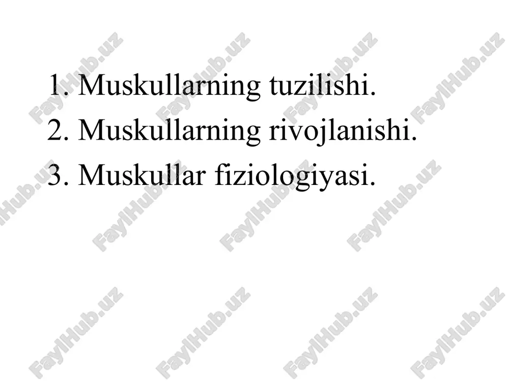 ar tanada joylashishiga ko’ra quyidagi guruhlarga bo’linadi. mahalliy-rivojlanish joyida o’zining joyida qolsa tanadan qochuvchi-bir joydan ikkinchi joyga o’tib ketsa (qo’l-oyoq) tanaga intiluvchi-ya’ni qo’l oyoqda rivojlansada taraqqiyot davrida tanaga o’tib ketadi muskullar rivojlanga sohani ularga kelgan nervlardan bilish qiyn emas diafragma – (qorin ko’krak) to’sig’i bo’yin qismidan takomil etib k,n pastga qarab yo’nalgan. (bo’yin nerv chigalidir) orqaning keng muskuli-qo’lning yelka qismidan rivojlanib tananing orqa qismiga ko’chgan (yelka nerv chigalidan) innervatsiya qilinadi muskullar tuzilishi. tanasi, ikki uchi, pay qismi, bundan tashqari uzn muskullarda boshi va dumi muskullar o’zaro yumshoq to’qimalar b,n tutashgan b/b ustidan birktruvchi to’qimadan tuzilgan (fassiya) o’rab turadi (fassiya)lar odatda qavatma-qavat muskullarni o’rab turadi va joylashishiga qarab chuqr, o’rta, yuza, teri osti fassiyalariga ajratiladi. (fassiya)lar oralig’ida qon tomirlar va nerv tolalari joylashadi, yallig’lanishda vujudga kelgan yiring fassiyalar orasida tarqaladi. muskul suyaklarga pay yoki (apanevrozlar) yordamida birikadi uzun muskullar-qo’l oyoq serbar muskullar-yuzada joylashadi yassi muskullar- tananing old va orqa tominda kalta …