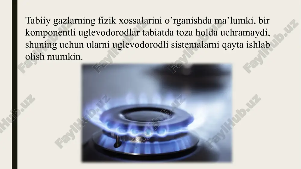 propan uchun 2,4% va 9,5% ; og’irroq uglevodorodlar bug’lari uchun bunday miqdor yanada kam. neft gazlari kimyo sanoatida va maishiy ehtiyojlar uchun juda qimmatli xom ashyo hisoblanadi. gaz yoqilg‘ining standart talablari bo‘yicha tarkibi va sifati har qanday gaz yoqilg‘isi bir qancha oddiy gazlardan tashkil topgan bo‘ladi. bu gazlar ikki turga bo‘linadi: yonuvchi gazlar va yonmaydigan gazlar. yonuvchi gazlar va yonmaydigan gazlar. yonuvchi gazlar qatoriga vodorod (h2), uglerod oksidi (co), metan (ch4), etan (c2h6), propan (c3h8), butan (c4h10) kiradi. image1.jpeg image2.jpeg image3.png image4.jpeg image5.jpeg image6.png image7.jpeg image8.png /docprops/thumbnail.jpeg