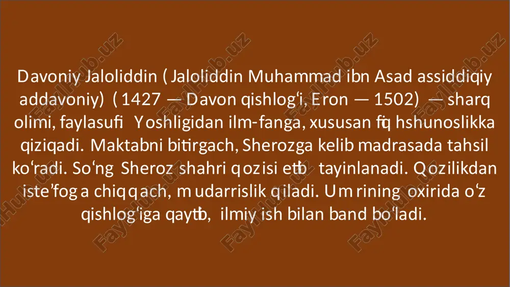 shda muallif arastu, aflotun, ibn miskaveyx, abu nasr forobiy, ibn sino va nasriddin tusiylarning axloqiy taʼlimotlaridan foydalangan. risola uch qismdan iborat. muallif birinchi qismda xulqiy tarbiya va axloqiy xislatlarni egallash haqida soʻz yuritib, axloqning asosiy tushunchalari: donolik, adolat, shijoat va iffatga mufassal toʻxtaladi, axloq ilmining maqsad va vazifalarini belgilab beradi. ikkinchi qism oila va oilaviy hayot masalalariga bagʻishlangan. unda bolalarni tarbiyalash va kamolga yetkazish, kasbhunarni egallash, xulq-odob qoidalari, nutq madaniyati va b. yoritiladi. uchinchi kiyem ijtimoiy-siyosiy masalalarga bagʻishlangan. unda shahar, yaʼni davlatda yashovchi xalqlar, davlat boshligʻi va fuqarolarning oʻzaro munosabati, jamiyat haqida fikr-mulohazalar oʻrin egallagan. risola keyingi davrlarda yaqin va oʻrta sharq mamlakatlarida keng tarqaldi. u eron, hindiston, arab mamlakatlari, movarounnahr va xurosonda maktab va madrasalarda asosiy qoʻllanma vazifasini oʻtagan. eto izobrajenie, avtor: neizvestniy avtor, litsenziya: cc by-sa-nc e’tiboringiz uchun rahmat! image1.jpg image2.jpeg image3.png image4.jpg /docprops/thumbnail.jpeg