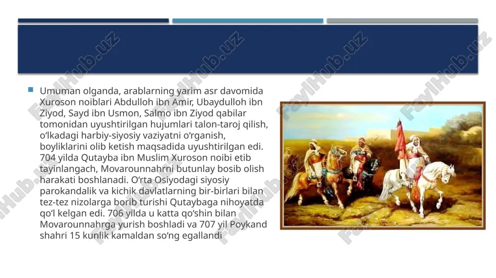 a qayta bostirib kirdi va isfijobni egalladi. 715 yilda qutayba farg‘onaga ikkinchi marotaba yurish uyushtiradi. shu yili qutayba o‘ziga dushman bo‘lgan xalifa sulaymonga qarshi isyon ko‘taradi va mag‘lubiyatga uchrab, o‘ldiriladi. shunday qilib, arablar qisqa muddat ichida movarounnahr hududlarini bosib oldi 707 yil poykand shahri 15 kunlik kamaldan so‘ng egallandi 704 yilda qutayba ibn muslim xuroson noibi etib tayinlandi 705-yilda qutoyba tomonidan balx egallanadi qutayba 710 yilda nasaf va keshni egalladi. qutayba 711-yilda xorazmdagi taxt uchun kurashdan foydalanib uni egallaydi 712 yilda qutayba va samarqandga hujum uyushtirib uni bosib oldi 714 yilda qutayba ibn muslim choch vohasiga qayta bostirib kirdi va isfijobni egalladi 715 yilda qutayba farg‘onaga ikkinchi marotaba yurish uyushtiradi image1.jpeg image2.png image3.jpg /docprops/thumbnail.jpeg