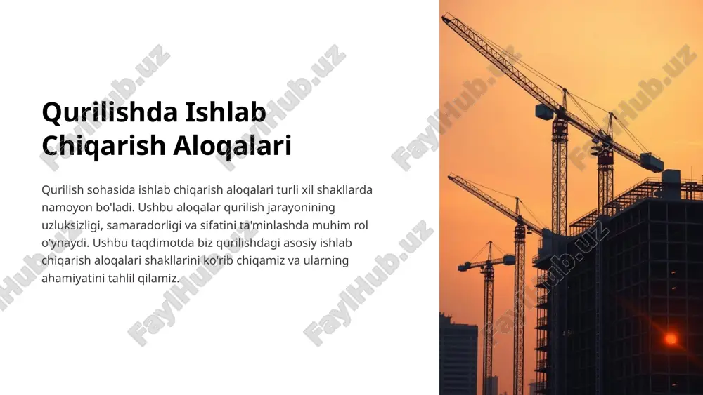 i. muhandislar konstruktsiyalarning mustahkamligini ta'minlaydi, muhandislik hisob-kitoblarini amalga oshiradi. xavfsizlik va barqarorlikni ta'minlaydi. dizaynerlar ichki va tashqi makon dizaynini yaratadi. qulaylik, estetika va funktsionallikni hisobga oladi. loyihalashtirish aloqalari binoning sifati va xavfsizligini ta'minlash uchun juda muhimdir. arxitektorlar, muhandislar va dizaynerlar birgalikda ishlaydi, loyihaning barcha jihatlarini hisobga oladi. 5 moliyaviy aloqalar banklar qurilish loyihalarini moliyalashtiradi, kreditlar beradi. loyihaning moliyaviy barqarorligini baholaydi. investorlar loyihaga sarmoya kiritadi, daromad olishni kutadi. loyihaning rentabelligini va risklarini baholaydi. sug'urta kompaniyalari qurilish risklarini sug'urta qiladi, moliyaviy himoya ta'minlaydi. hodisalar va baxtsiz hodisalardan himoya qiladi. moliyaviy aloqalar qurilish loyihalarini amalga oshirish uchun zarur bo'lgan mablag'larni ta'minlaydi. banklar, investorlar va sug'urta kompaniyalari loyihaning muvaffaqiyatli yakunlanishida muhim rol o'ynaydi. 6 davlat organlari bilan aloqalar 1 ruxsat olish qurilish uchun ruxsat olish, qonuniy talablarga rioya qilish. mahalliy hokimliklar bilan hamkorlik qilish. 2 nazorat qurilish jarayonini nazorat qilish, standartlarga muvofiqligini ta'minlash. davlat inspektorlari bilan aloqa qilish. 3 qabul qilish qurilish yakunlangandan so'ng …